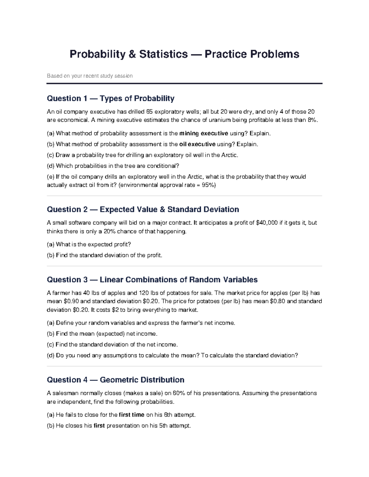 Probability Statistics Practice Problems: Practice Set for Exam - Studocu