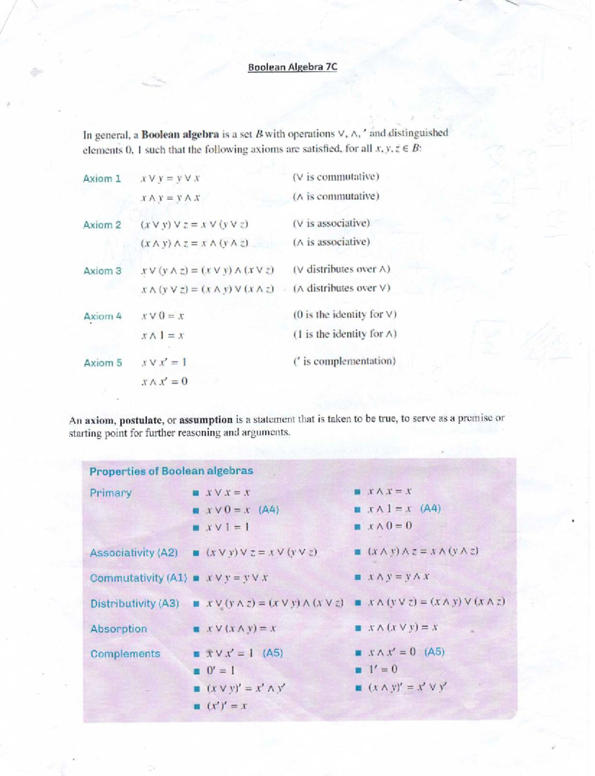 Boolean Algebra Concepts and Axioms - Course 7C - Studocu