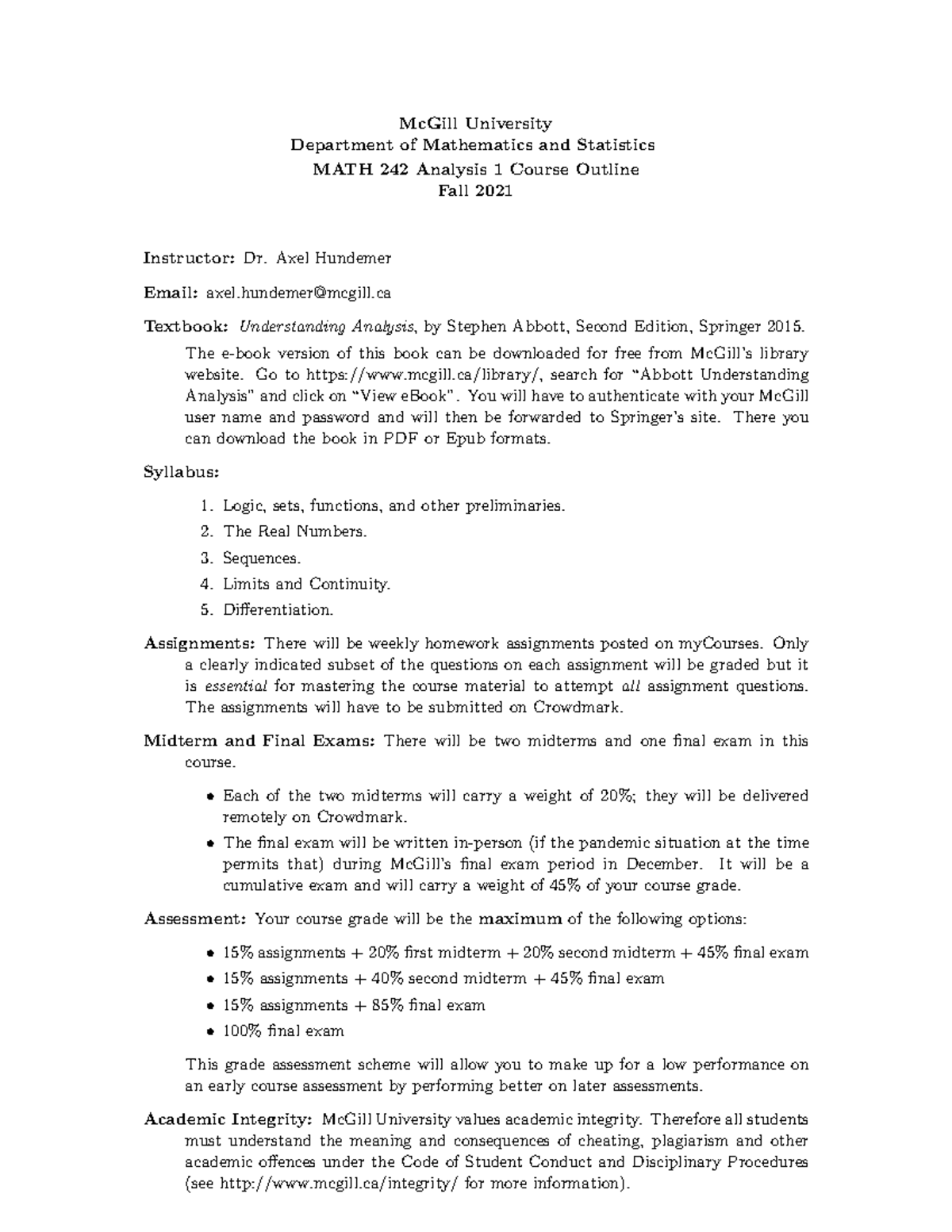 MATH 242 - Analysis 1 Lecture Notes & Course Outline (Fall 2021) - Studocu
