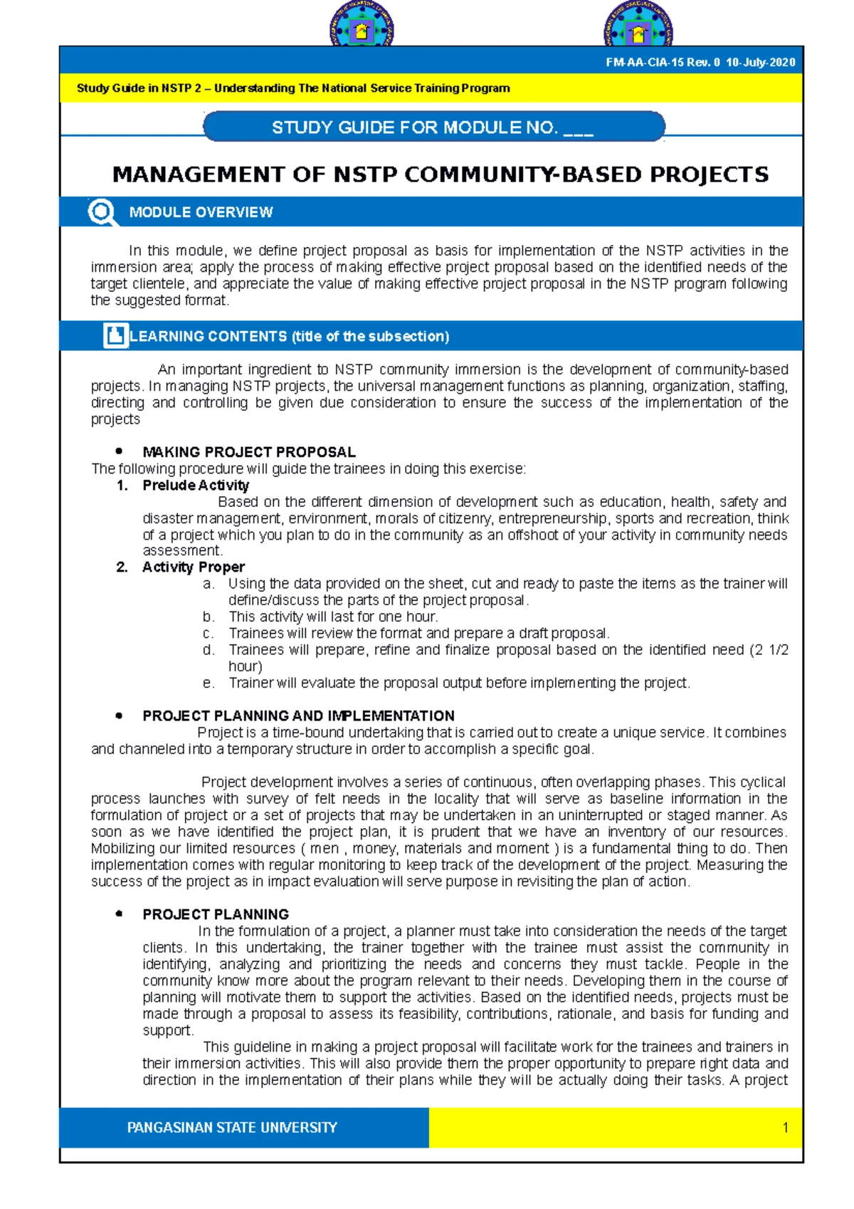 Guidelines-NSTP 2(Project Proposal) - MANAGEMENT OF NSTP COMMUNITY ...