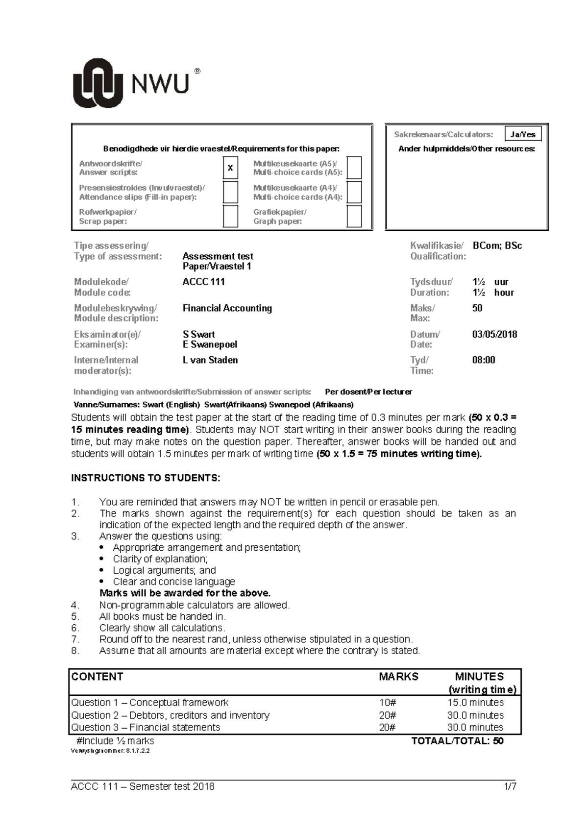 Accc 111 2018 semester test: Financial accounting assessment details ...