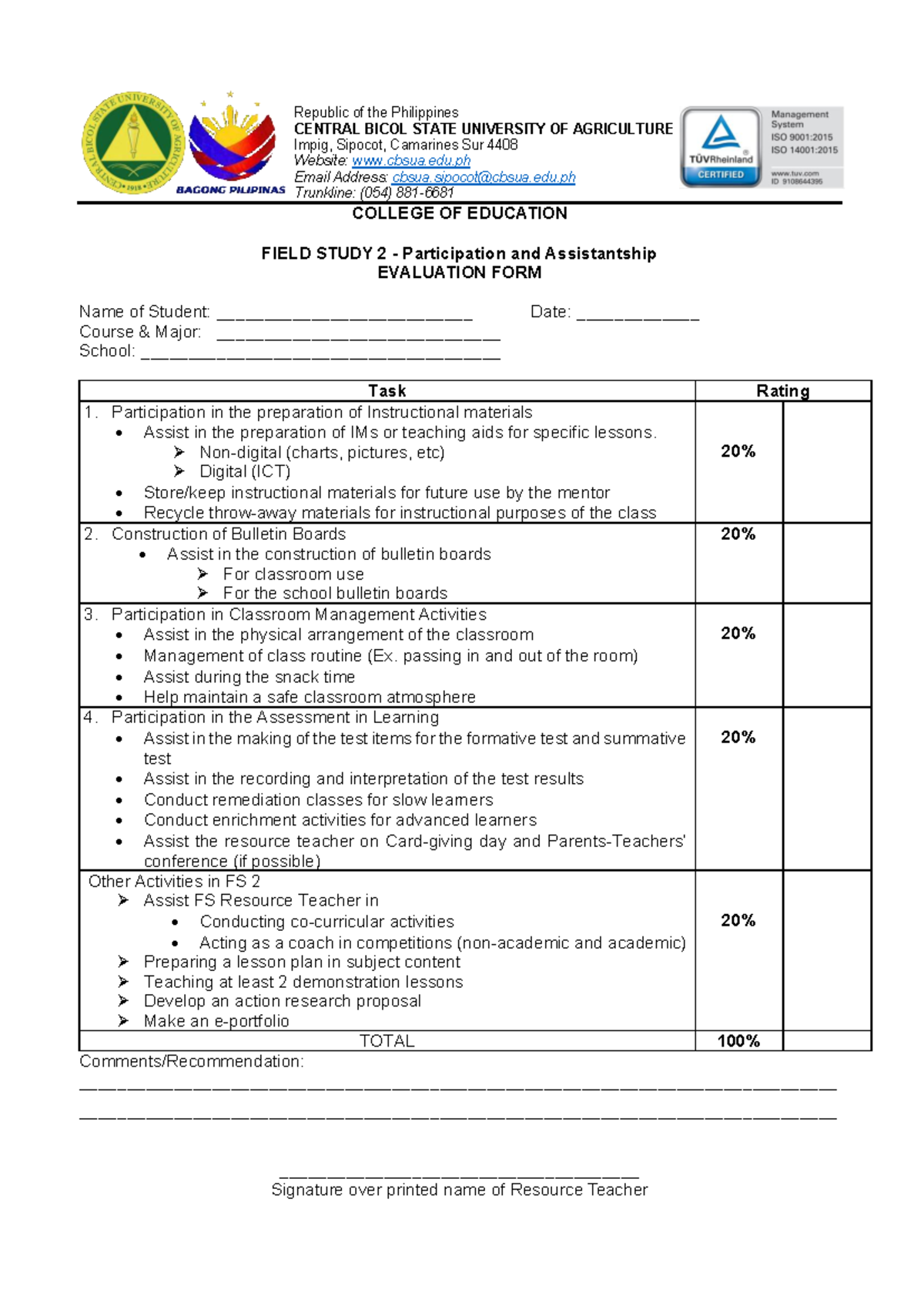 FS 2 Evaluation Form: Participation & Assistantship Assessment - Studocu