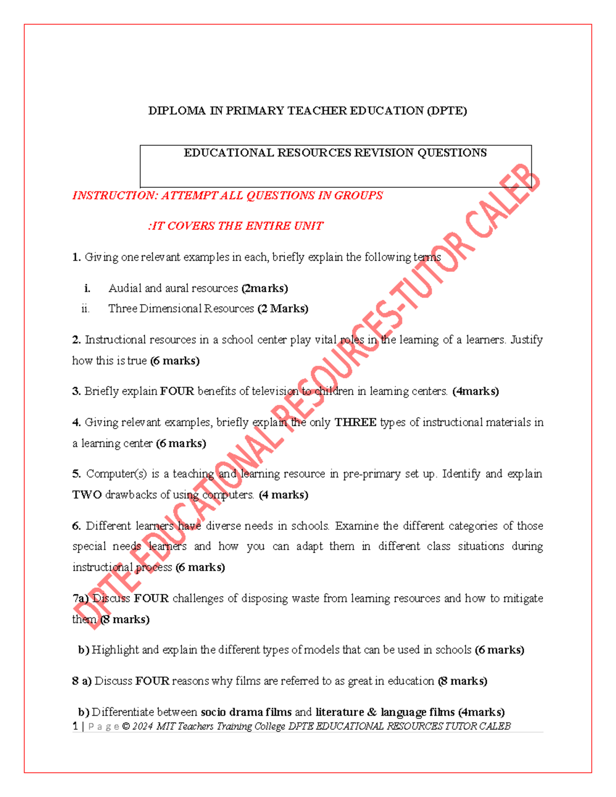 DPTE Educational Resources Revision Questions for Unit 1 - Studocu