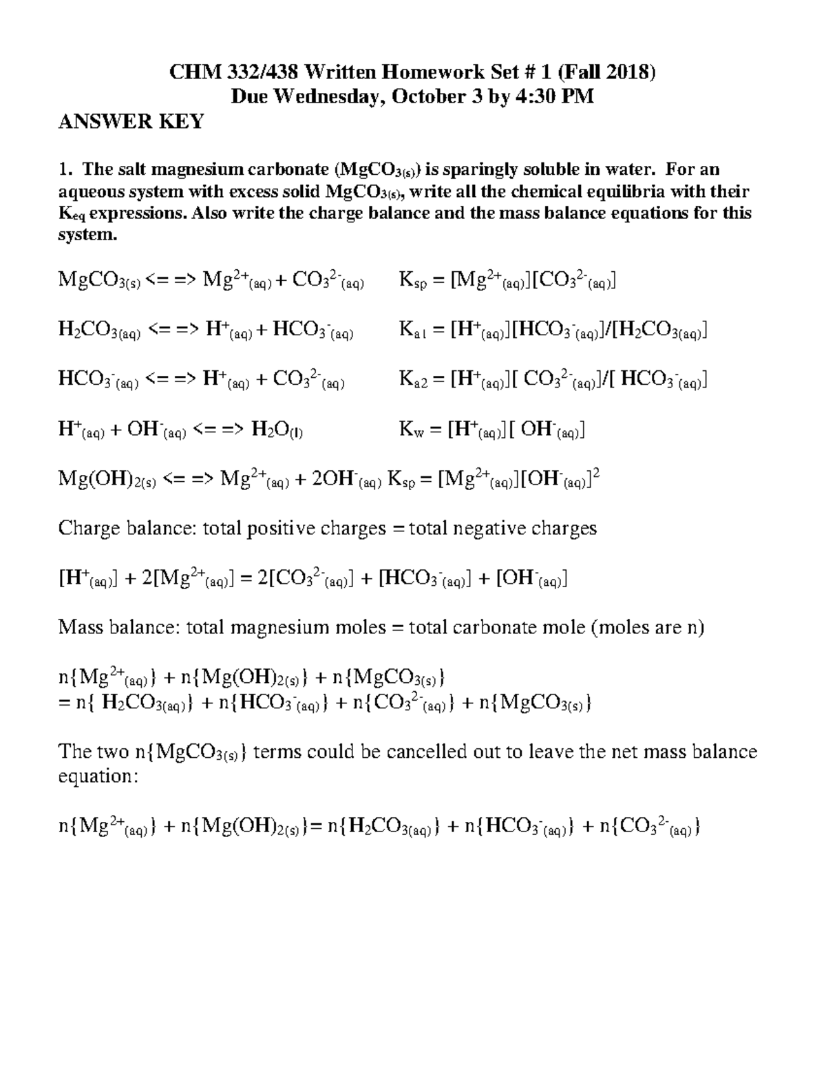 CHM 332/438 Written Homework Set # 1 Answer Key (Fall 2018) - Studocu