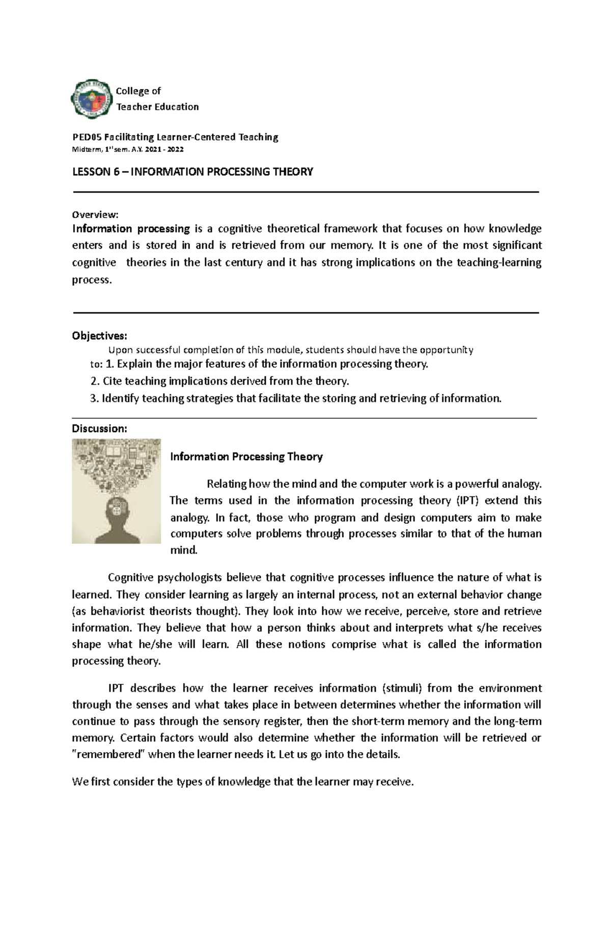 PED05 - Midterm Lesson 6: Overview of Information Processing Theory ...