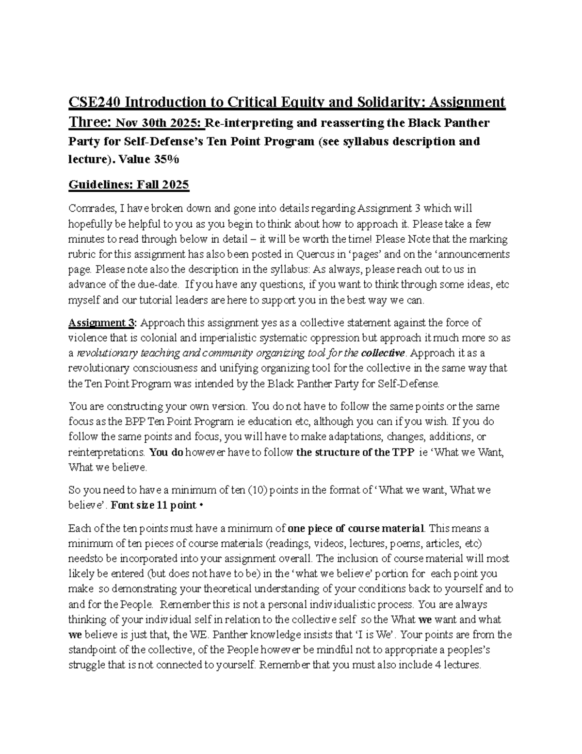 CSE240 Assignment 3 Guidelines: Black Panther Party Ten Point Program ...