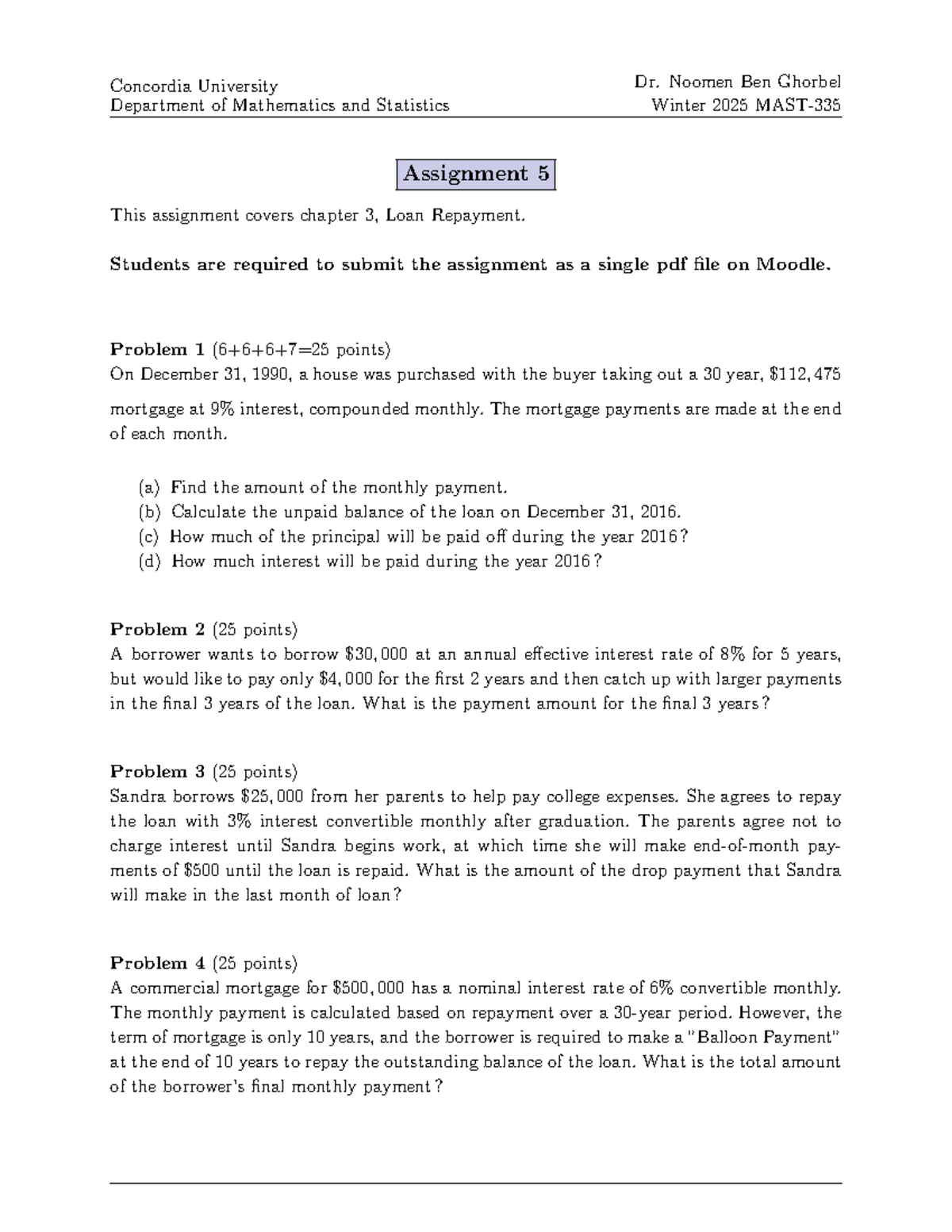 Assignment 5 W25: Loan Repayment Problems in Math & Stats - Studocu