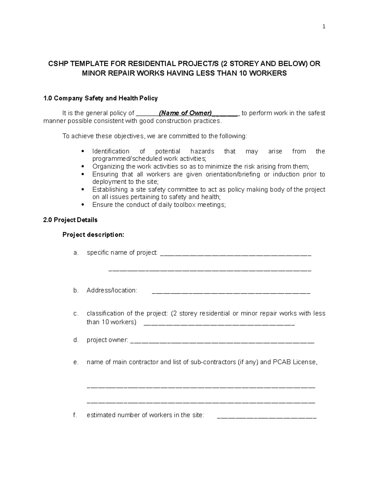 CSHP Safety Program for 2 Storey Residential Projects and Minor Repairs ...
