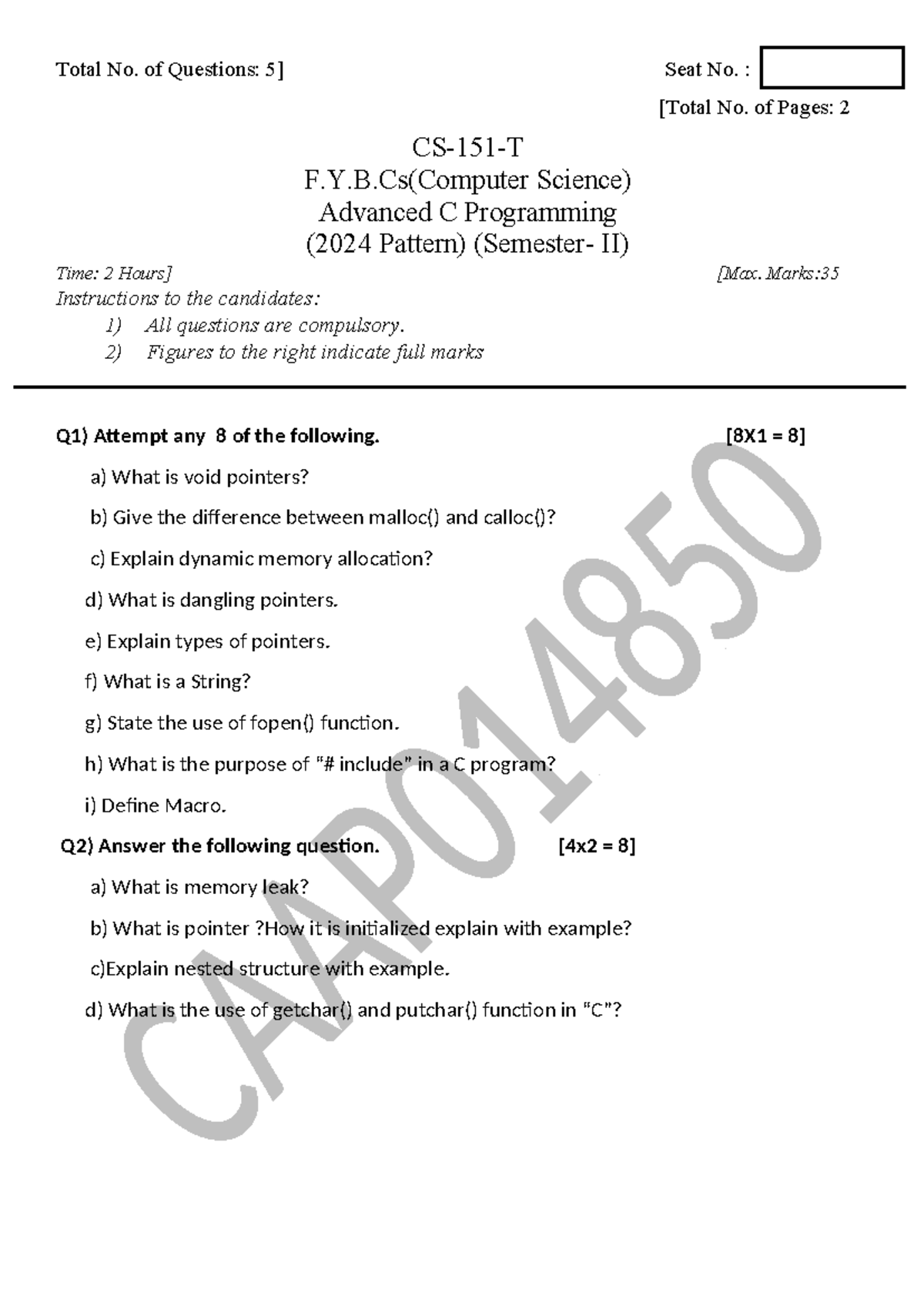 CS-151-T Advanced C Programming Midterm Exam Guide (Sem II) - Studocu
