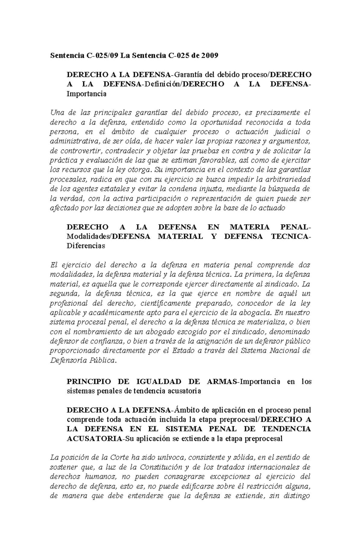 C-025-09 - Análisis del Derecho a la Defensa en el Proceso Penal - Studocu