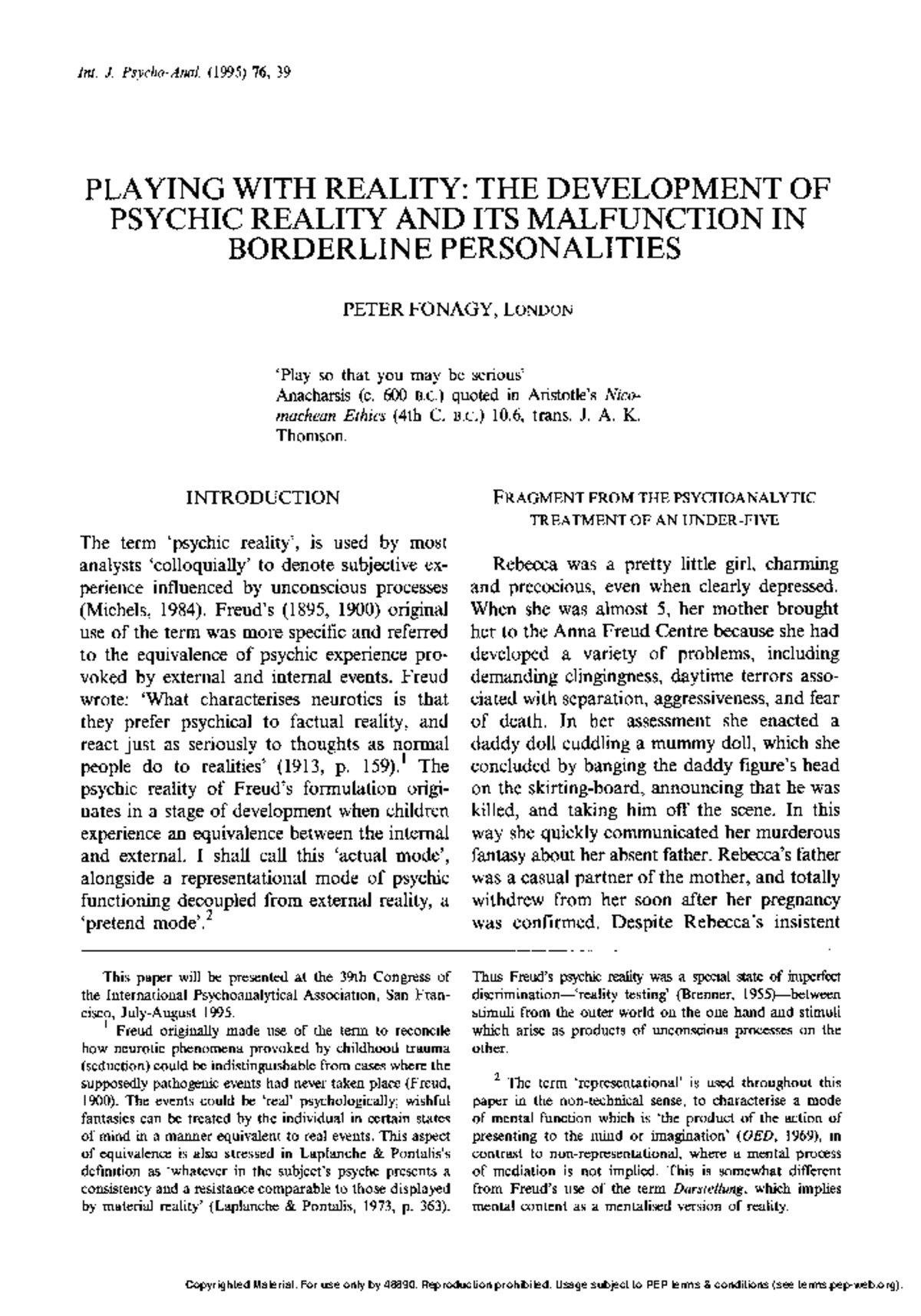 Fonagy 1995 Playing With Reality: Development of Psychic Reality in ...