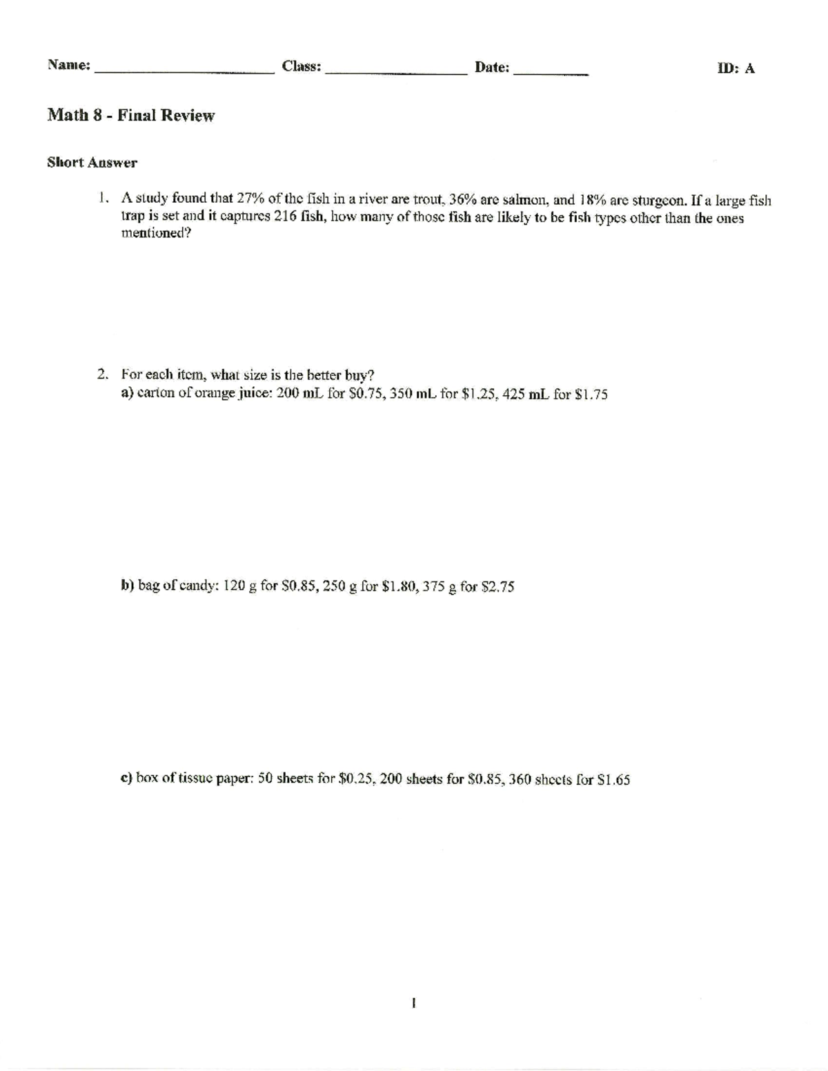 Math 8 Final Review Study Guide: Key Concepts and Solutions - Studocu