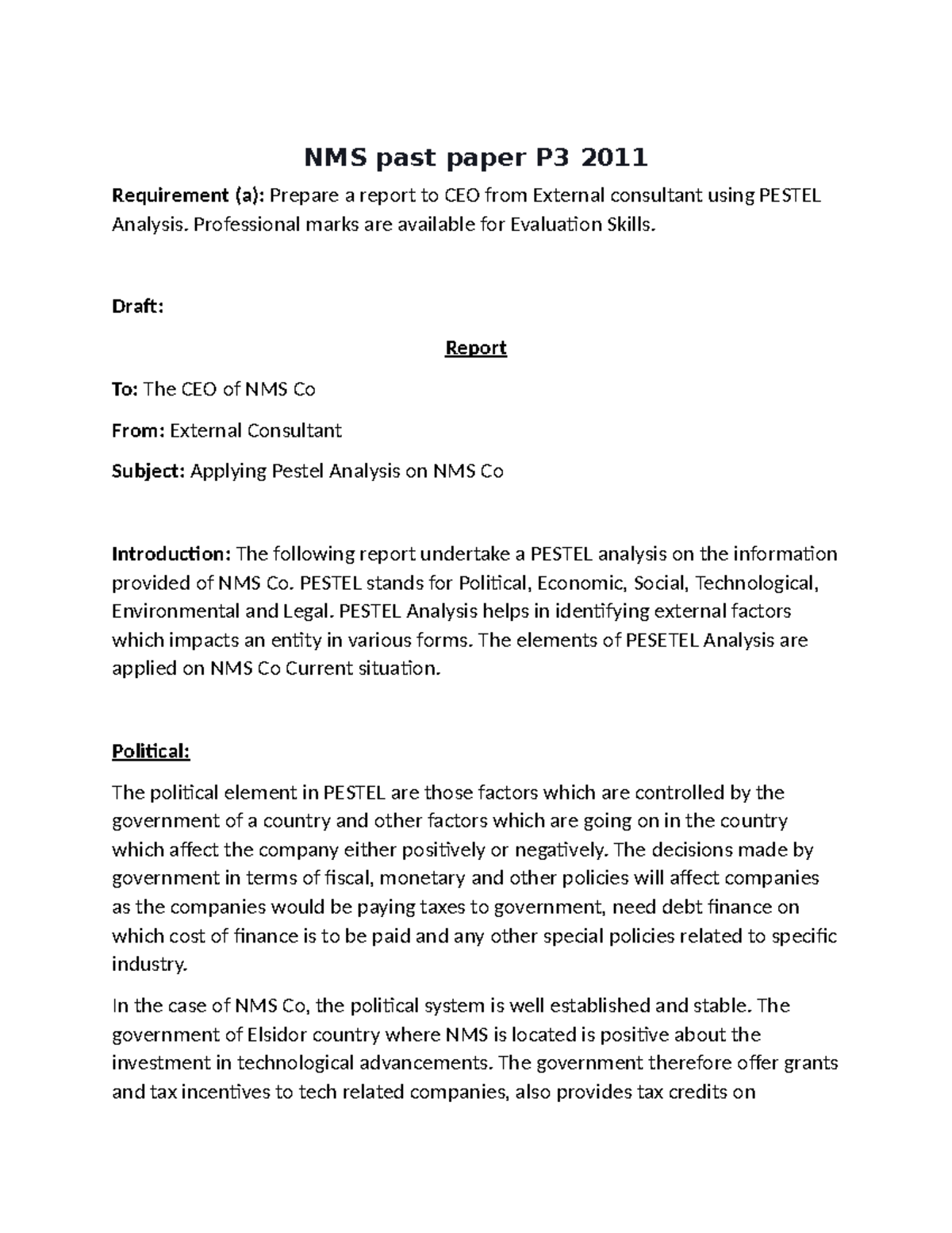 NMS P3 2011 Case Study: PESTEL & 5 Forces Analysis for CEO Report - Studocu