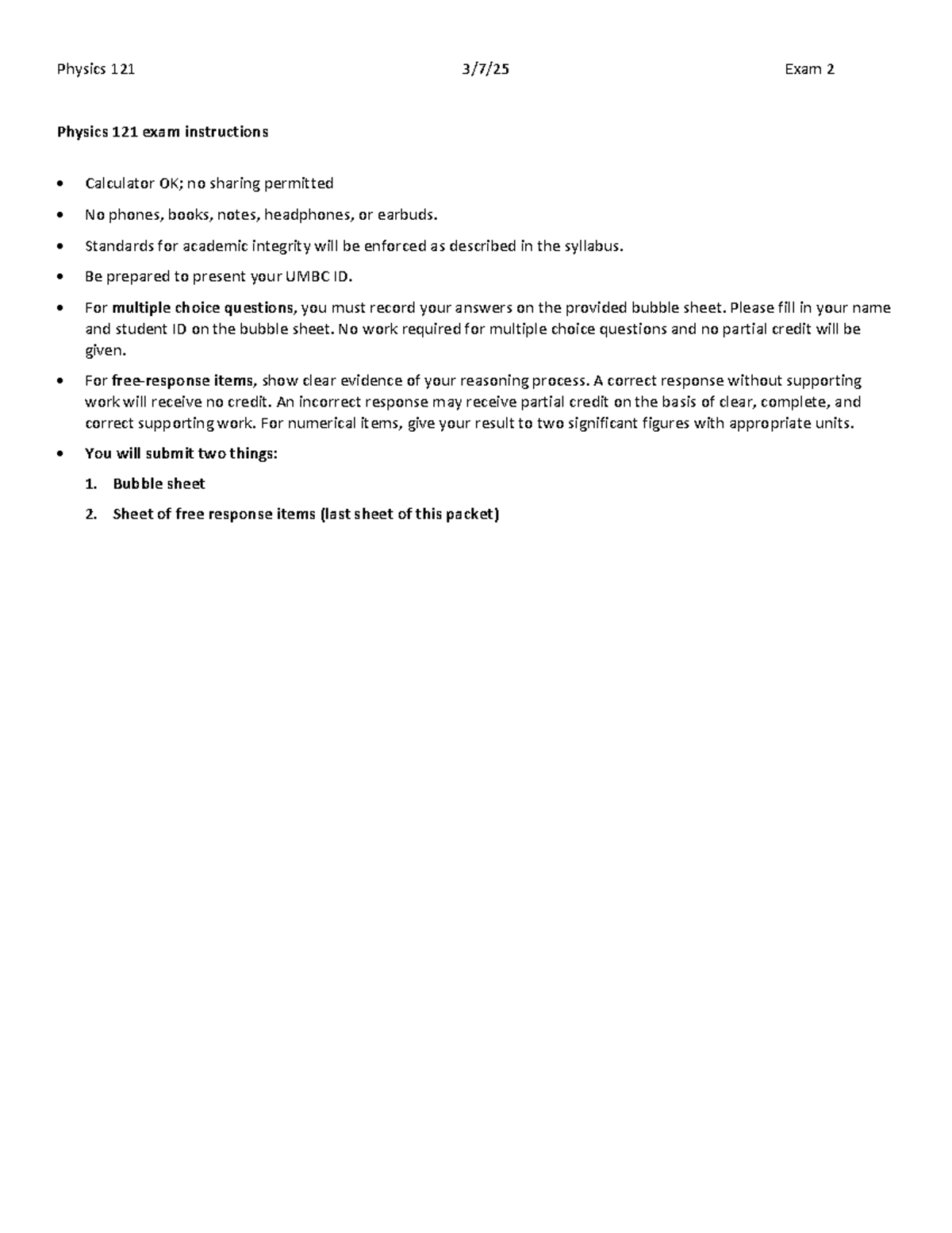 Physics 121 Exam 2 Instructions and Free Response Guide S25 - Studocu