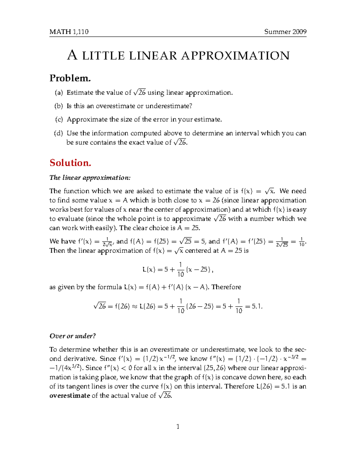 Linear Approximation Analysis for Problem Set MATH101 - Studeersnel