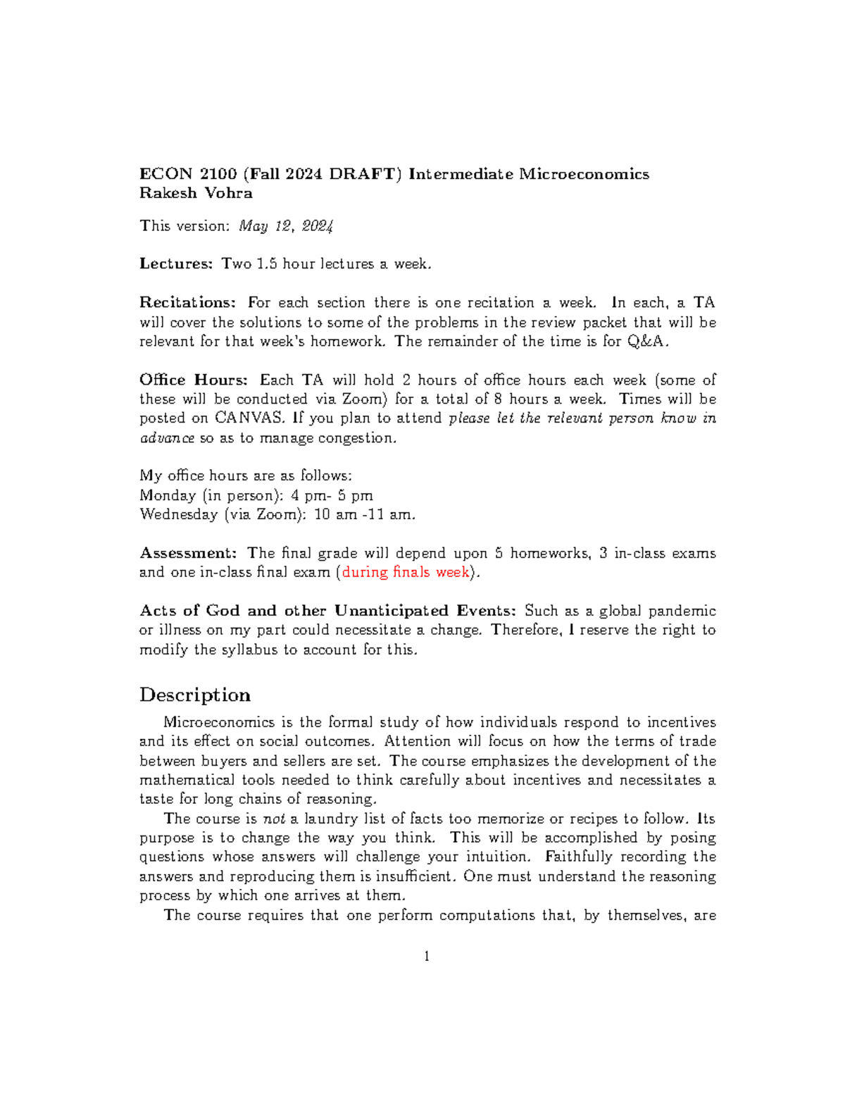 ECON 2100 (Fall 2024) Syllabus: Intermediate Microeconomics Overview ...