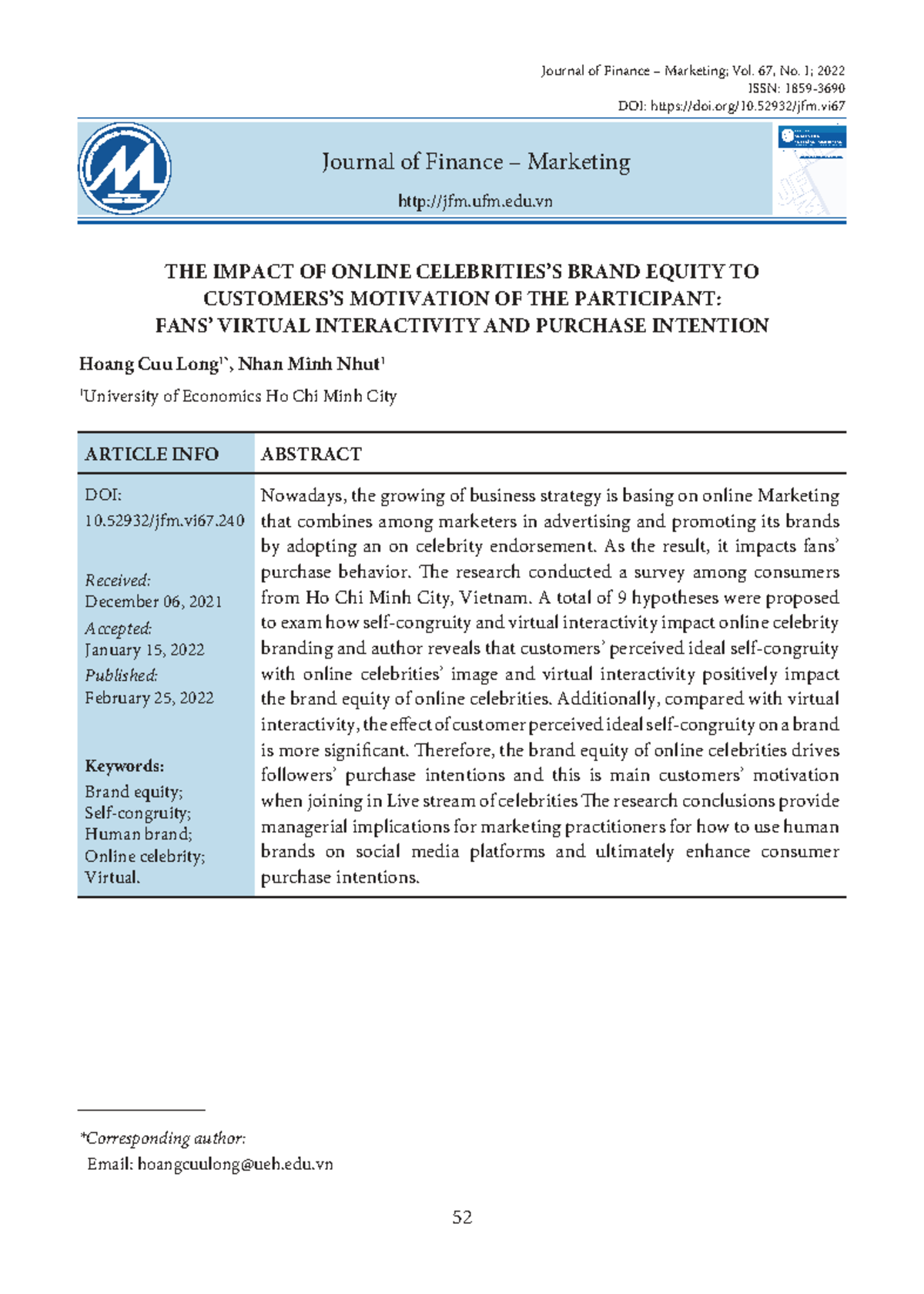 JFM 2022: The Impact of Online Celebrity Branding on Purchase ...
