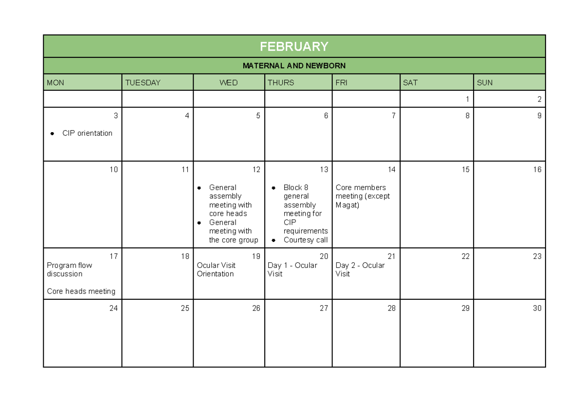 Calendar - hjkl; - FEBRUARY MATERNAL AND NEWBORN MON TUESDAY WED THURS ...