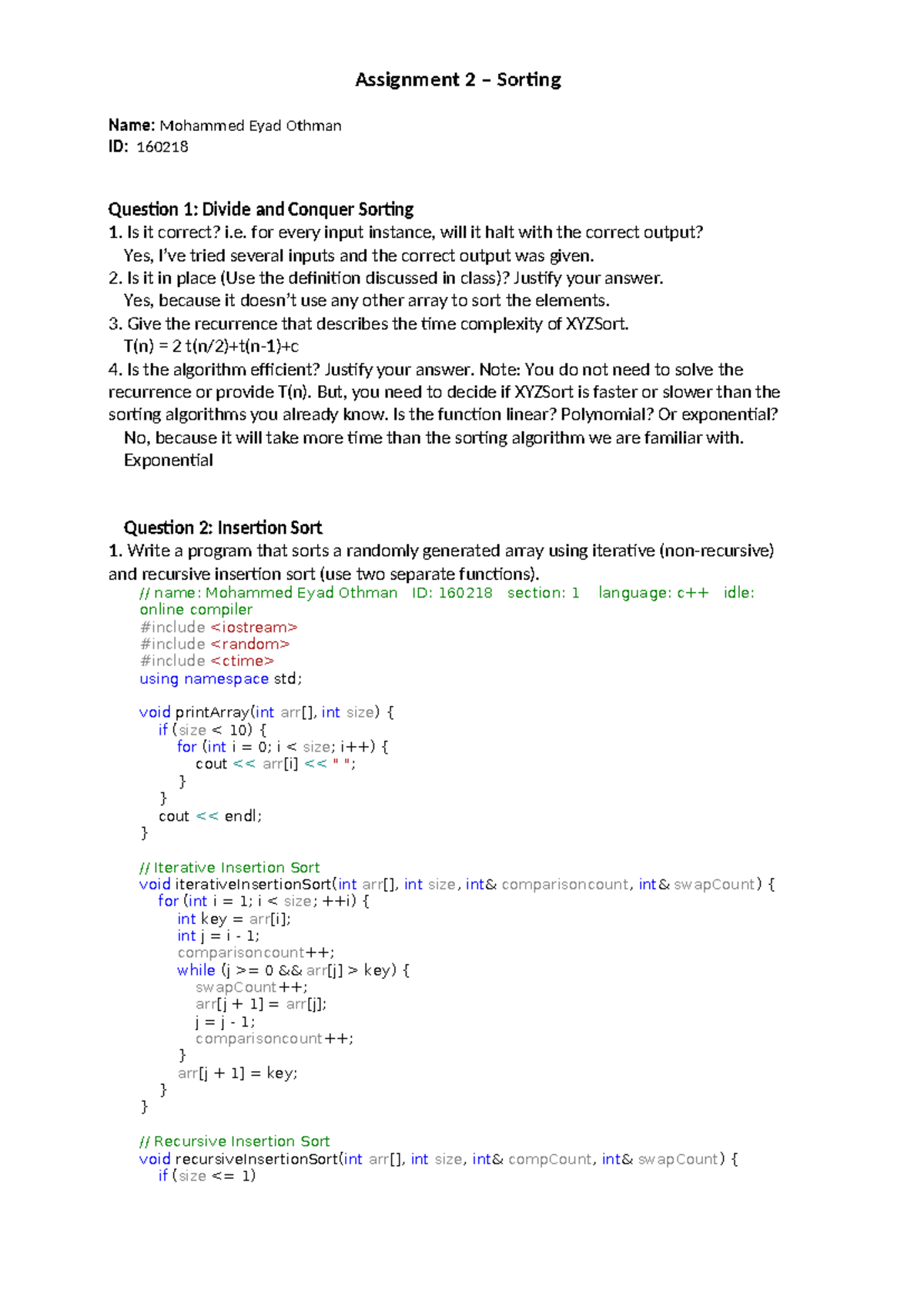 Assignment 2 - Sorting Algorithms Analysis and Implementation - Studocu