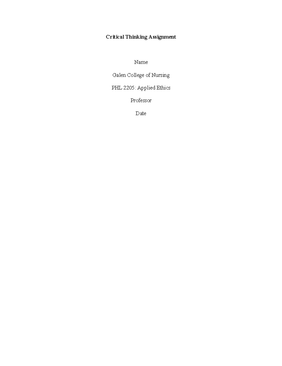 PHL 2205: Critical Thinking Assignment on Ethical Decision-Making - Studocu