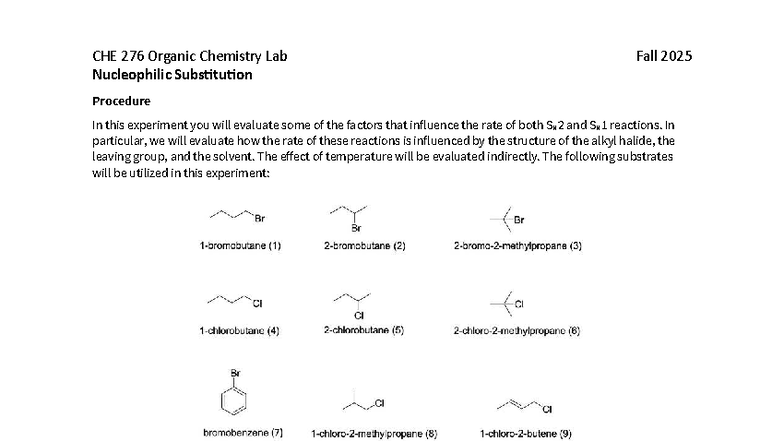 CHE 276 Organic Chemistry Lab: Nucleophilic Substitution Procedure Fall ...