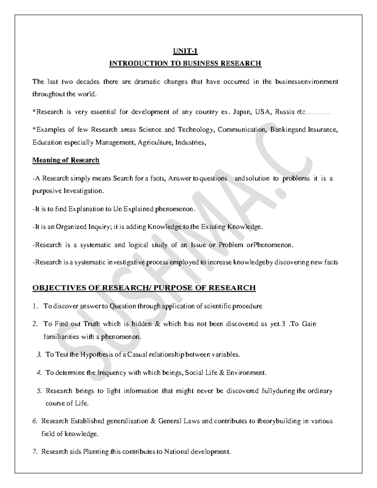 UNIT-1 - BRM - UNIT- INTRODUCTION TO BUSINESS RESEARCH The last two ...