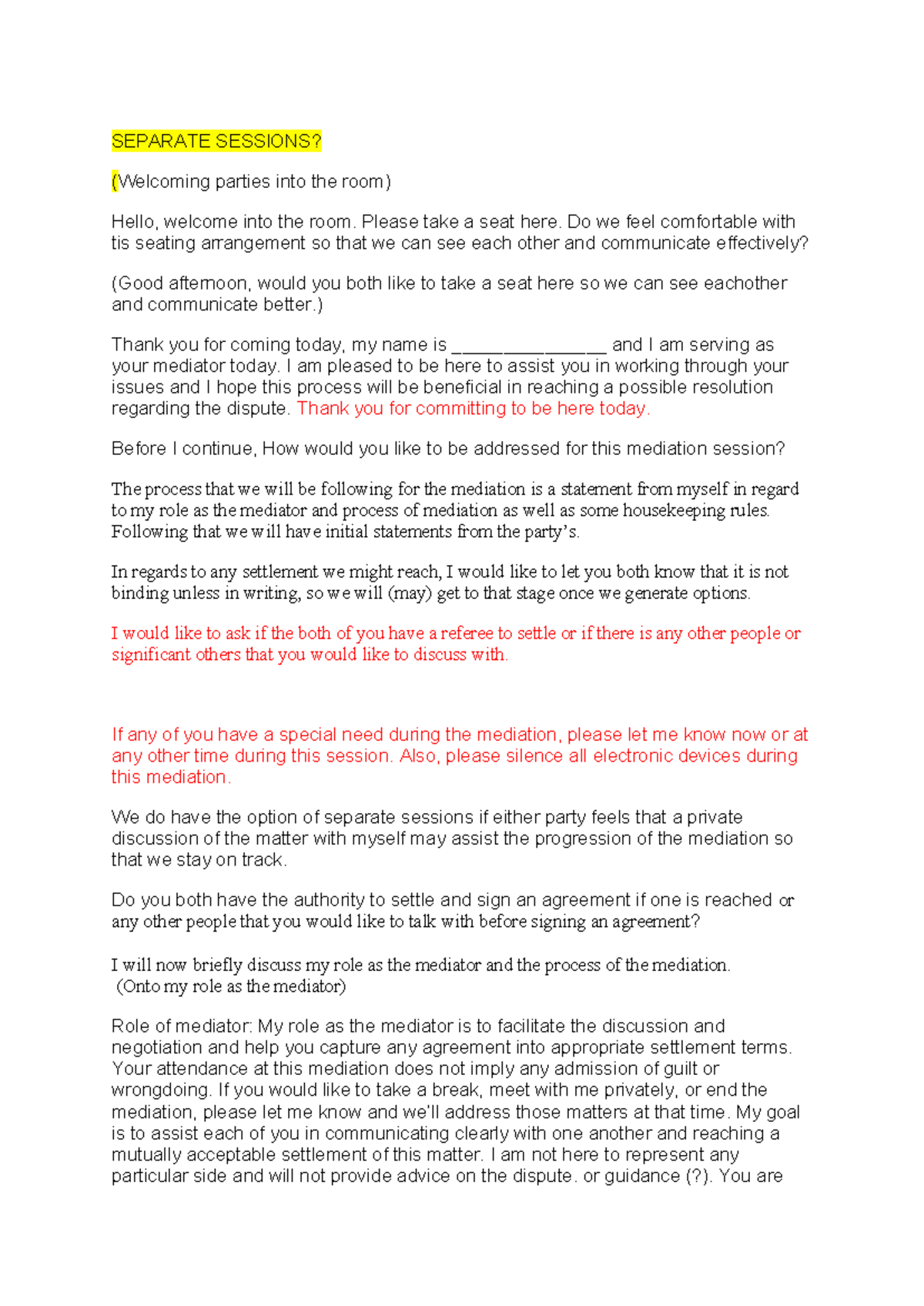 Mediator Script: Guidelines for Effective Mediation Sessions - Studocu