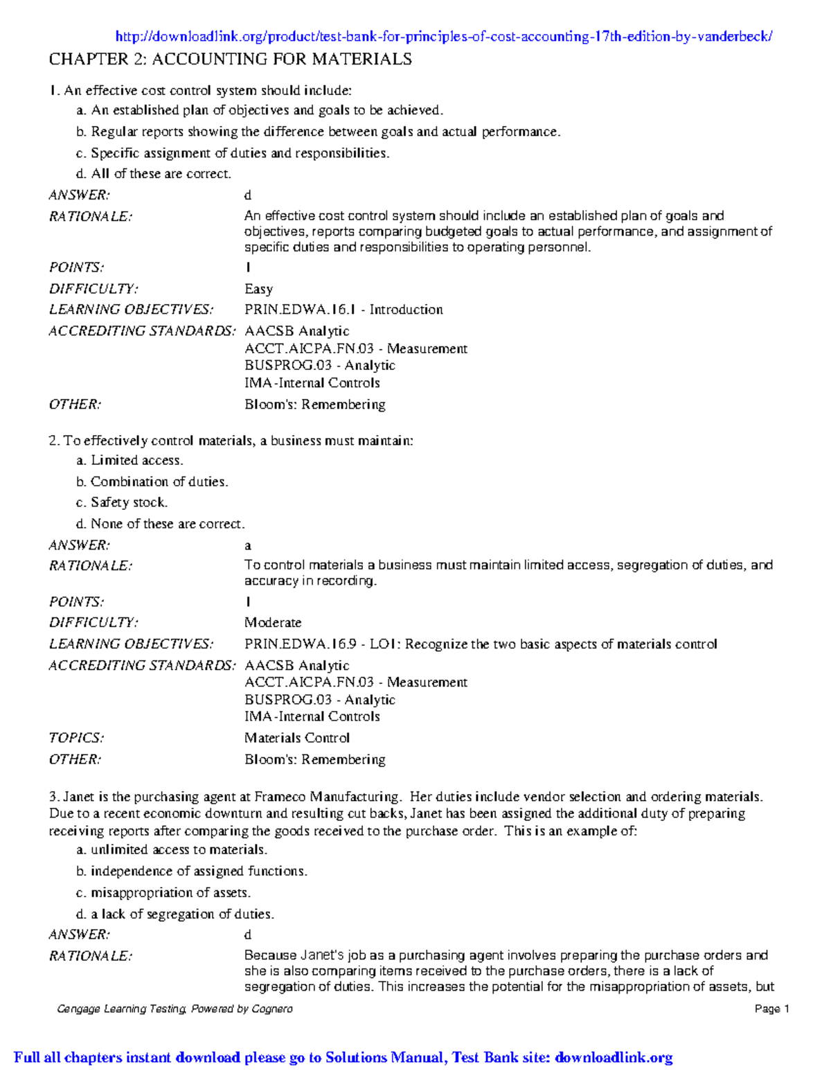 Test Bank for Principles of Cost Accounting: Chapter 2 Insights - Studocu