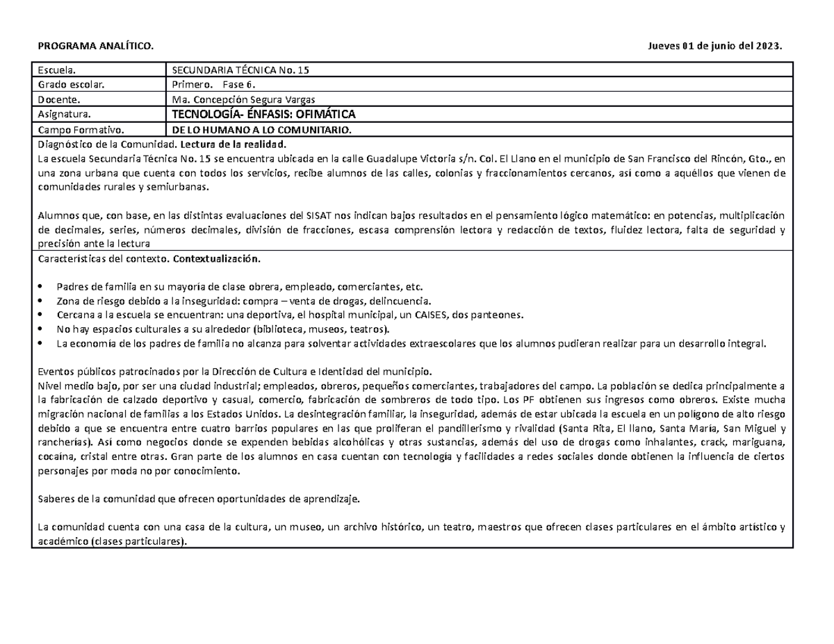Programa Analítico DE Tecnología- Énfasis EN Ofimática DE Primer Grado