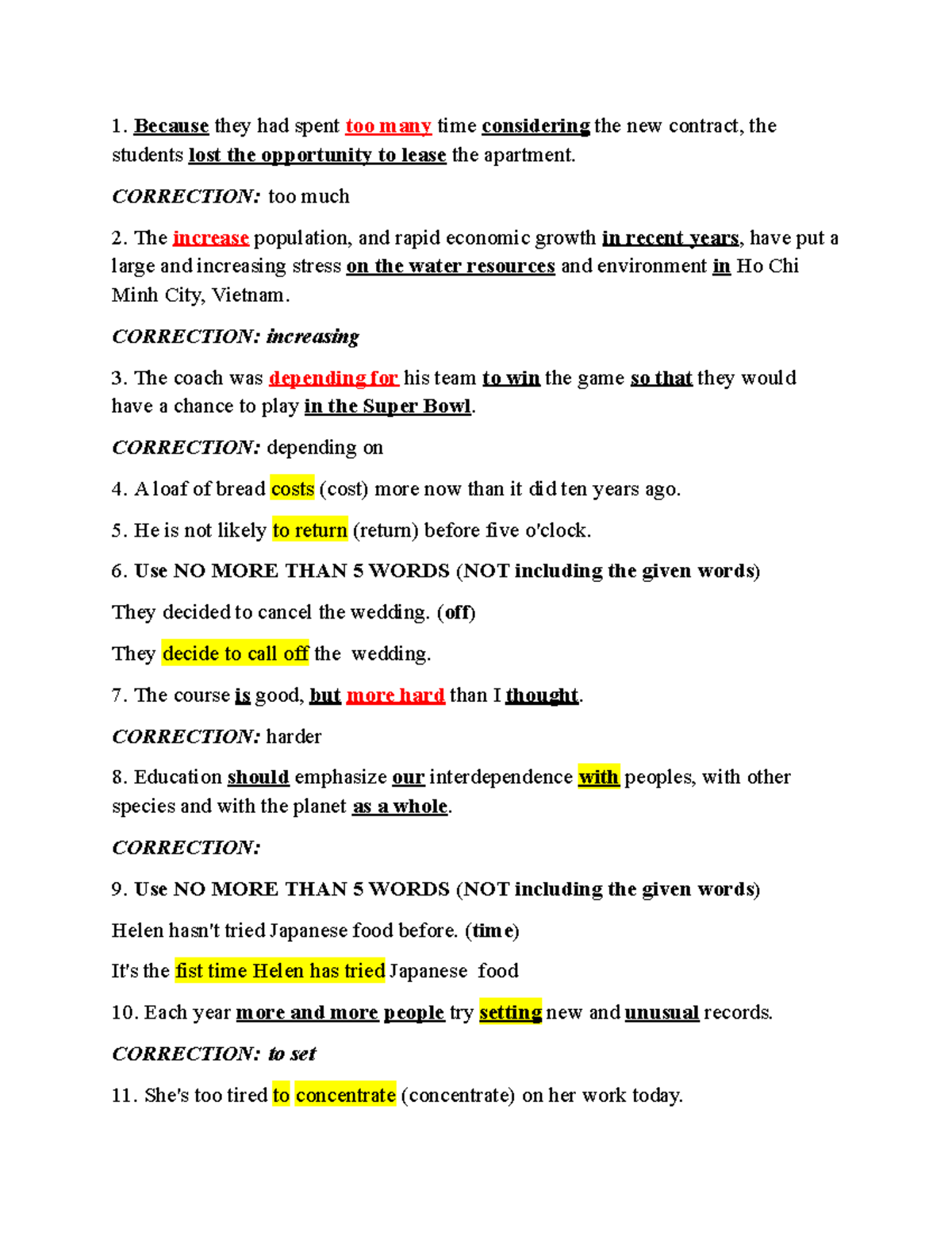 Grammar Corrections and Exercises for English Language Learners - Studocu