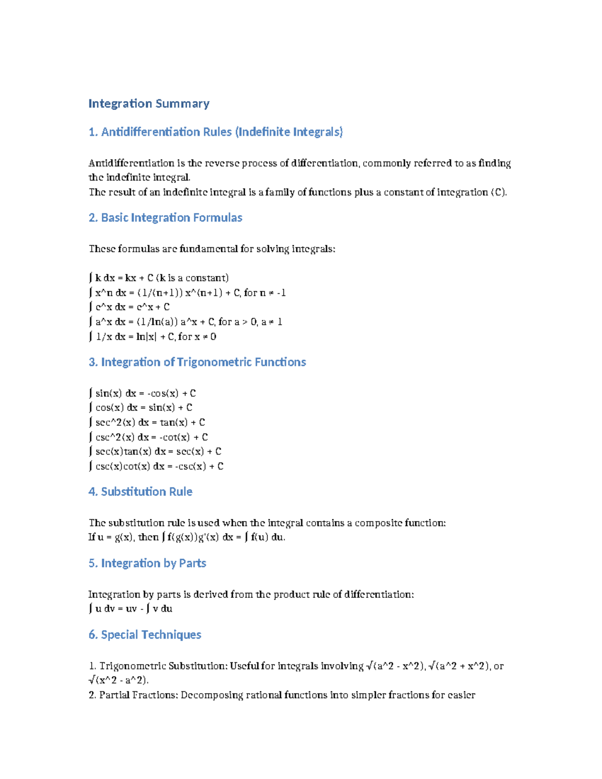 Integration Summary for Advanced Calculus (Math 401) - Studocu