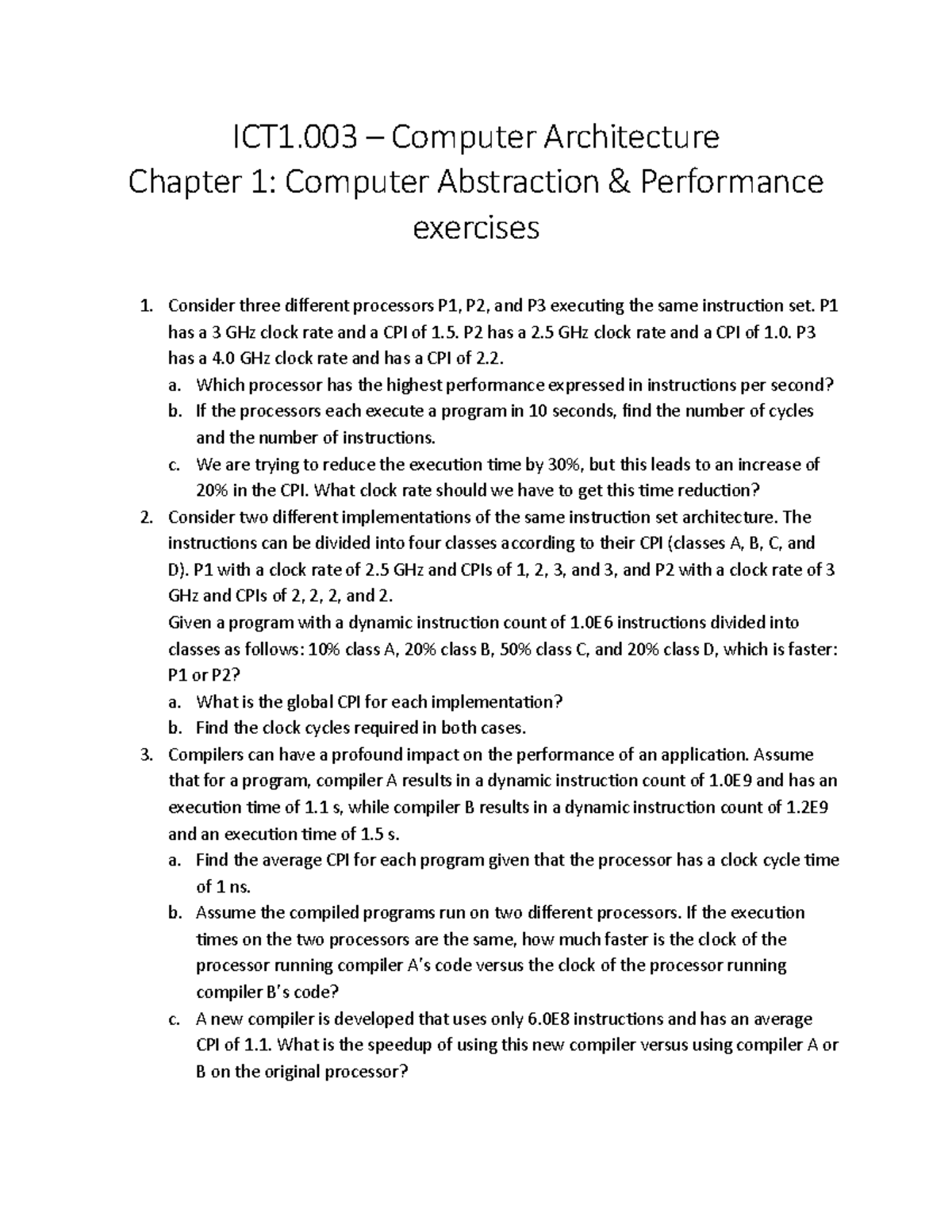 ICT1.003 Computer Architecture Midterm Exercises on Performance ...