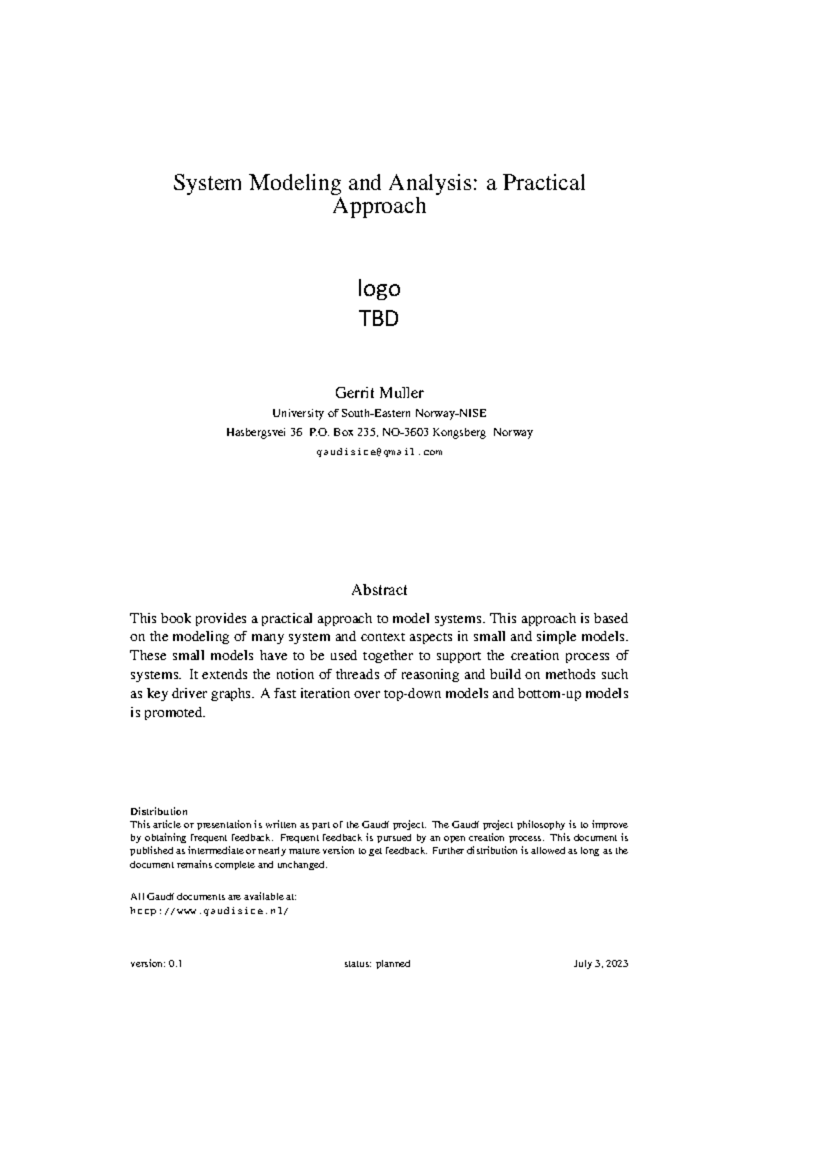 System Modeling and Analysis (Course Code TBD): A Practical Approach ...