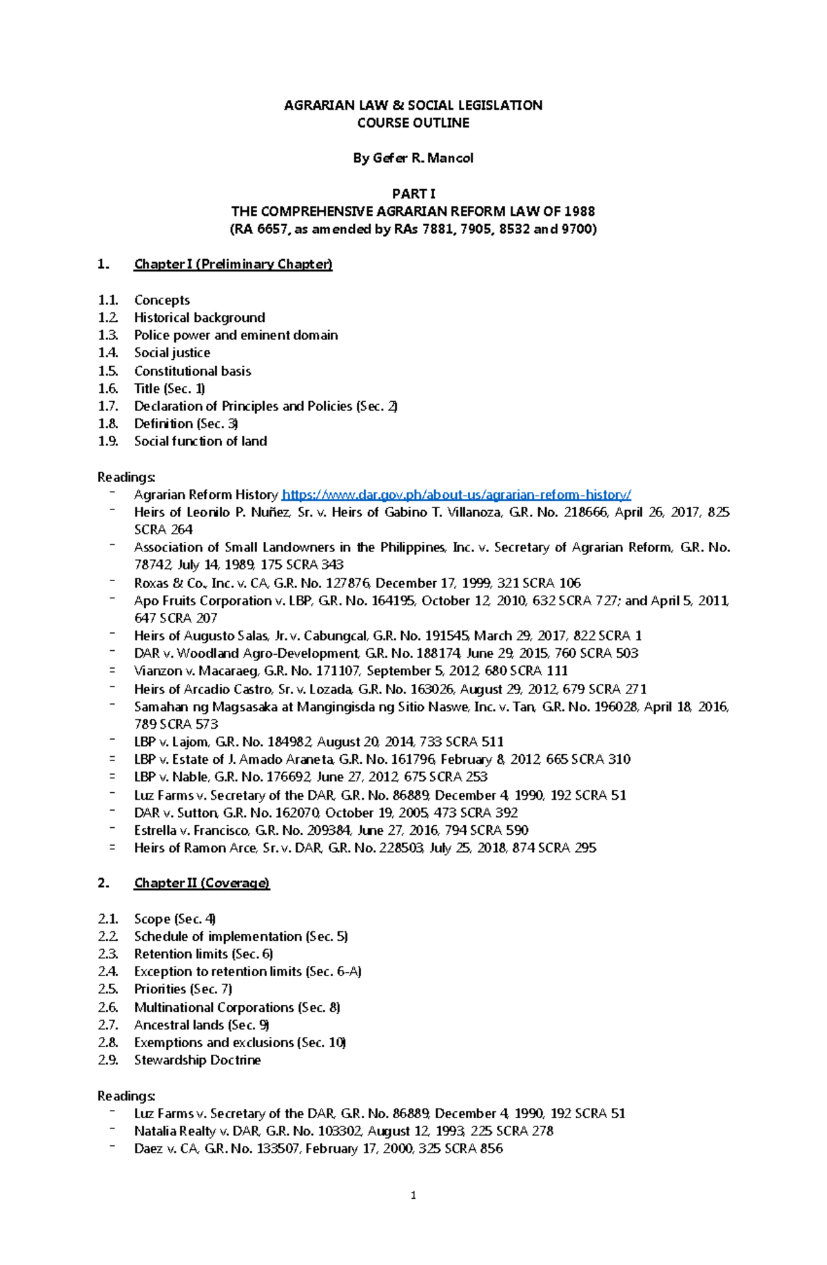 AGRARIAN LAW SOCIAL LEGISLATION COURSE OUTLINE (ALSL 101) - Studocu