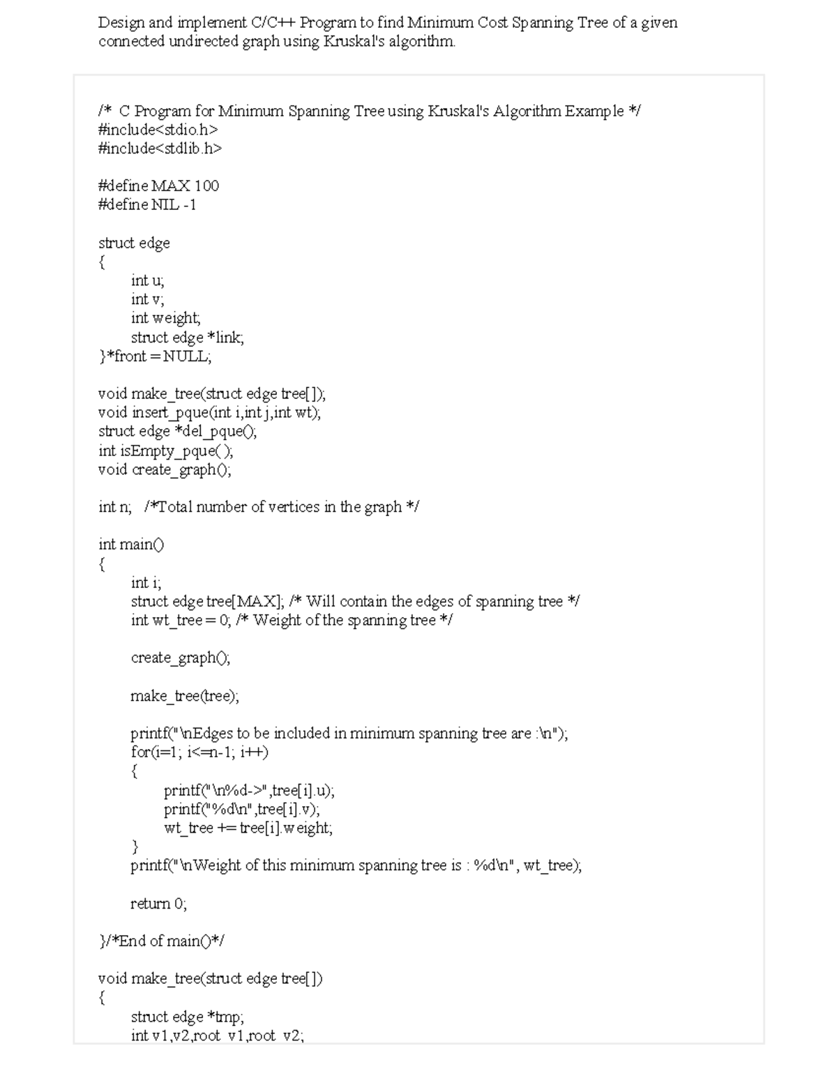 Kruskal's Algorithm for Minimum Cost Spanning Tree - ADA Lab - Studocu