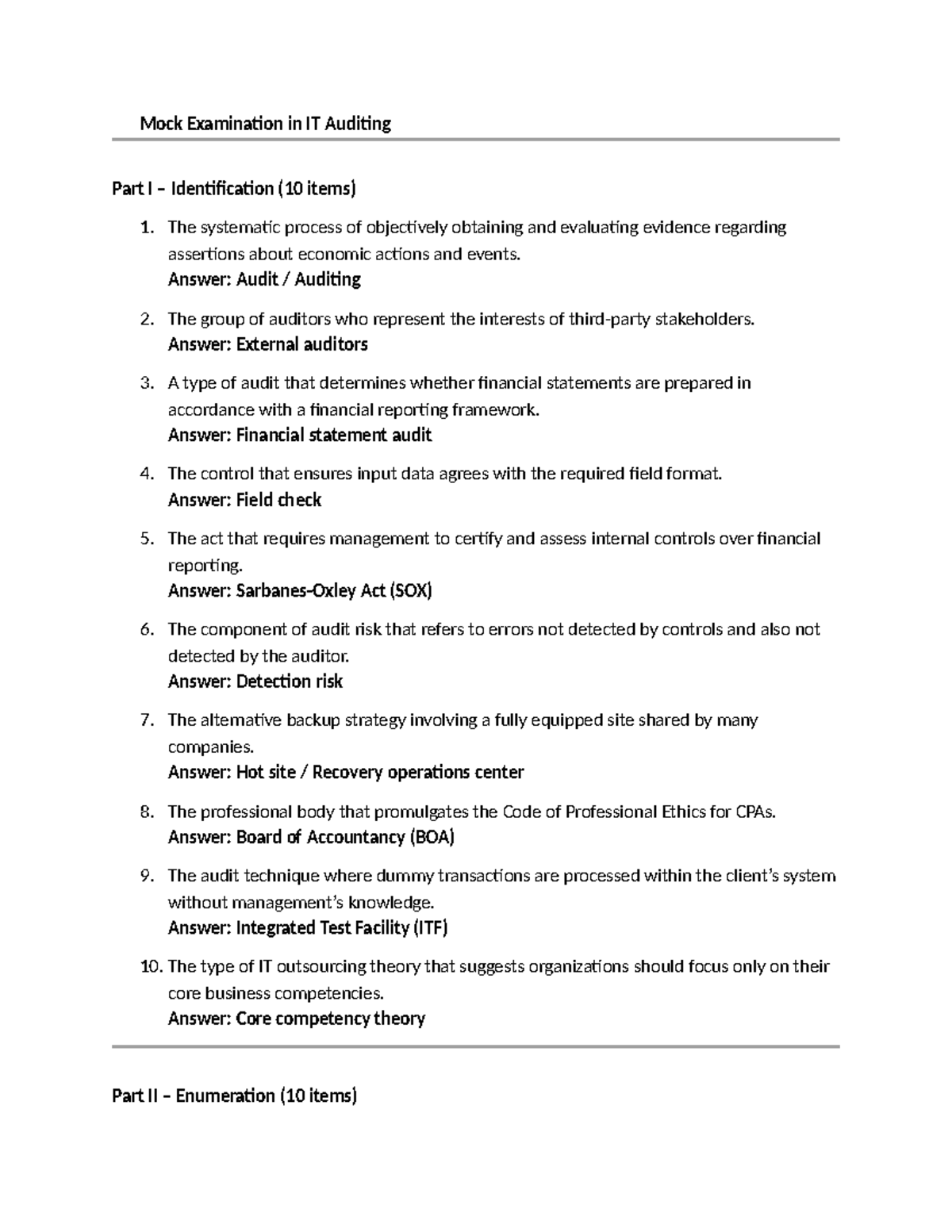 Mock Examination in IT Auditing (ITAUD 101) - Part I & II - Studocu