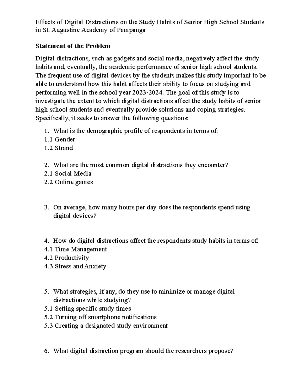 Statement of the Problem - Effects of Digital Distractions on the Study ...