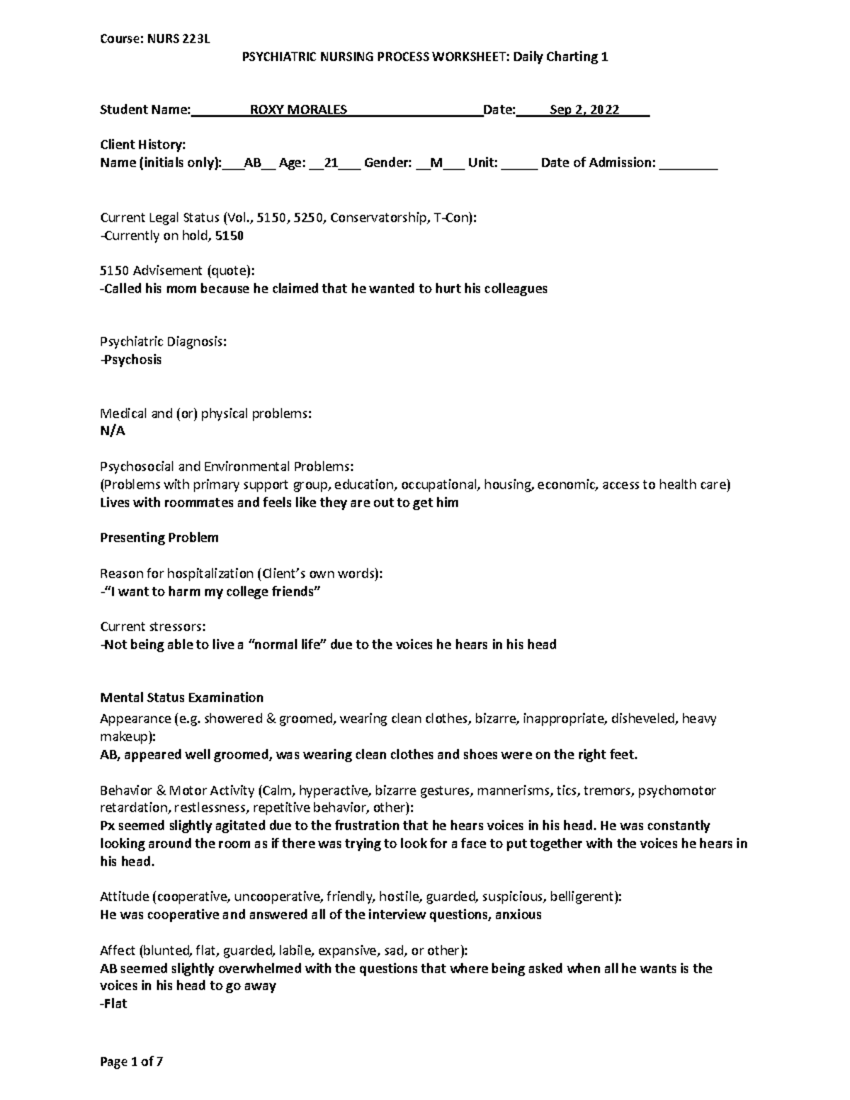 NPW W2 - Clinical Psychiatric Nursing Process Worksheet - Studocu