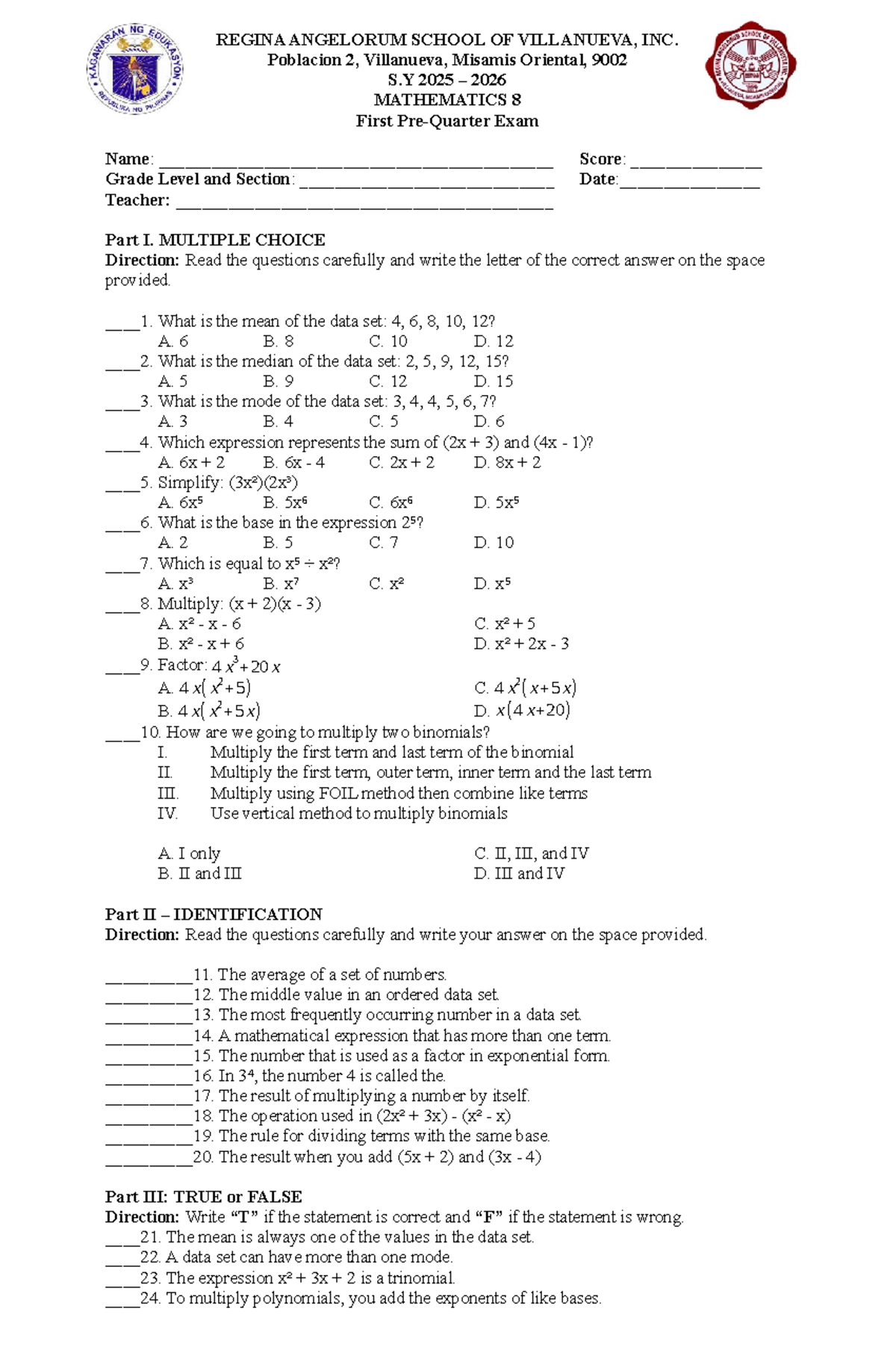 Math 8 S.Y. 2025-2026 First Exam Review Guide - Studocu