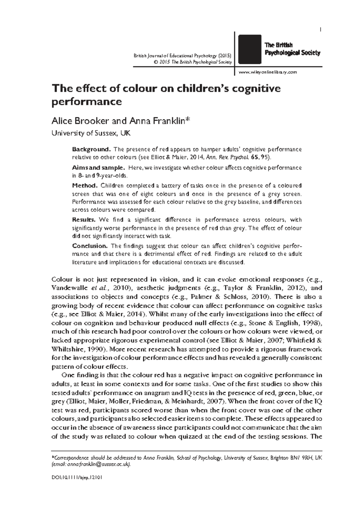 The Effect of Colour on Children's Cognitive Performance: A Study (2015 ...