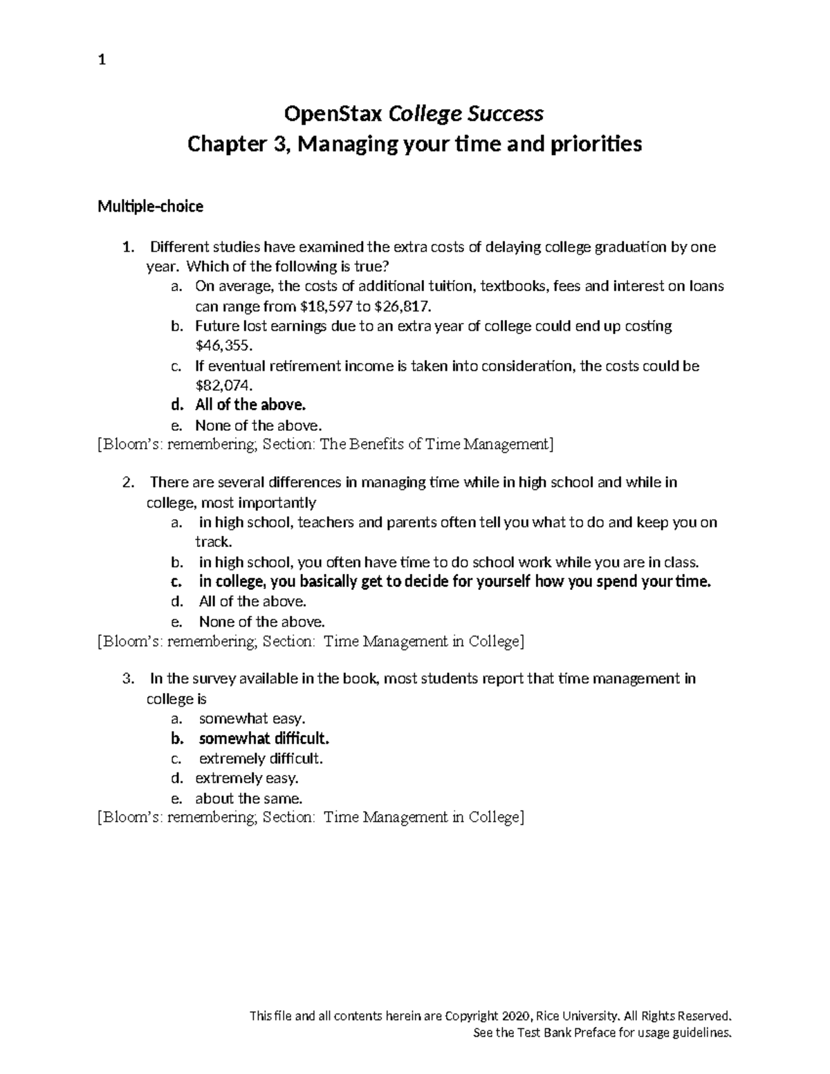 OpenStax College Success Test Bank: Chapter 3 - Time Management - Studocu