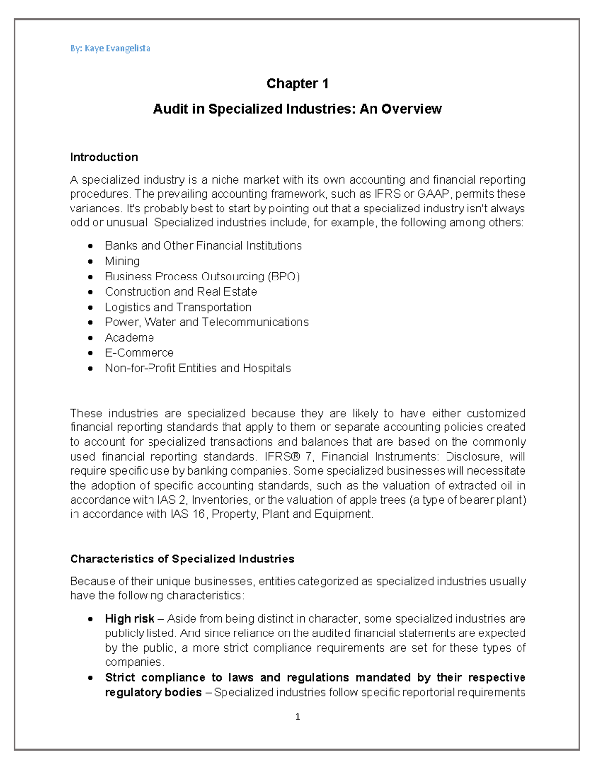 Audit in Specialized Industries: Chapters 1-5 Overview and Insights - Document Preview