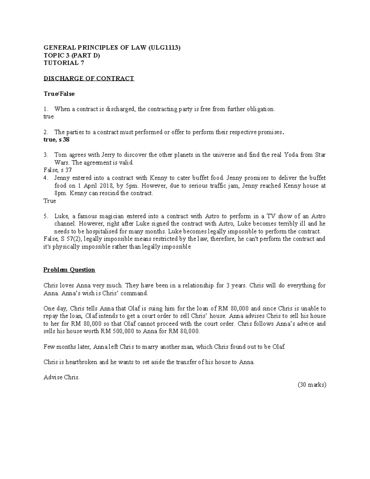 TUT 7 - Topic 3 (Part D) - Discharge of Contract Principles - Studocu