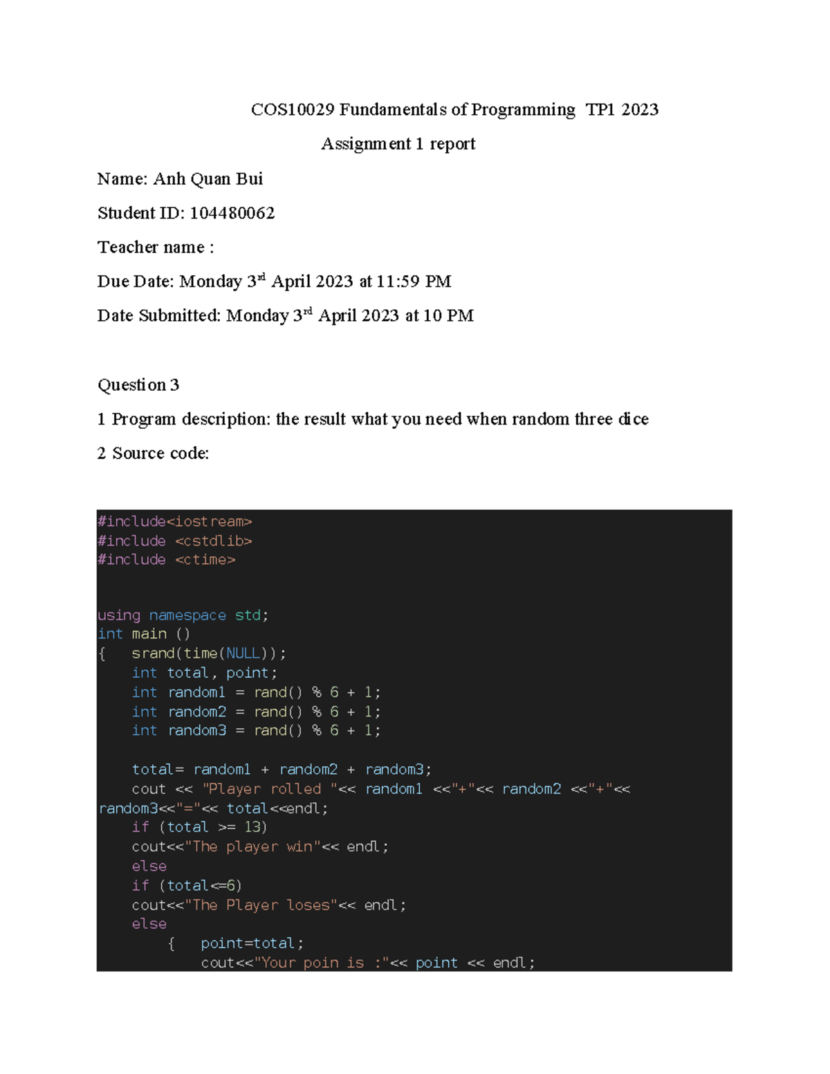 COS10029 Fundamentals of Programming TP1 2023 Assignment 1 Report - Studocu