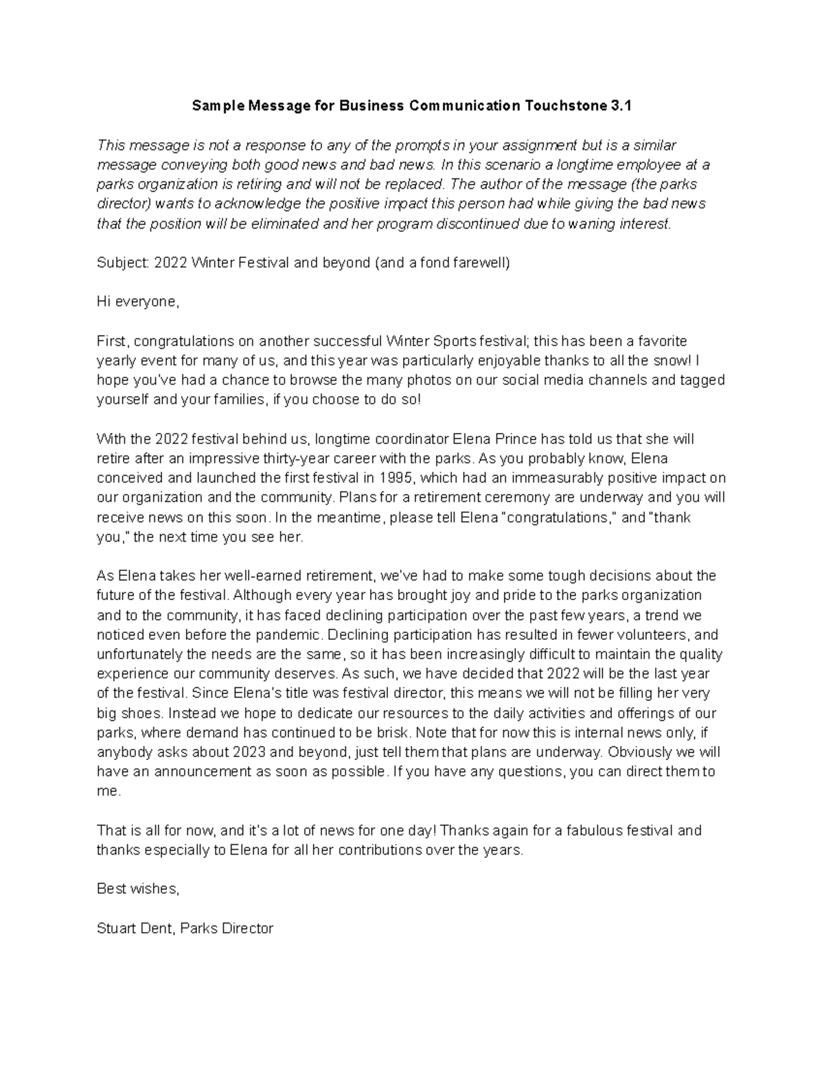 Bus Comm Touchstone 3.1: Sample Farewell Message for Elena Prince - Studocu