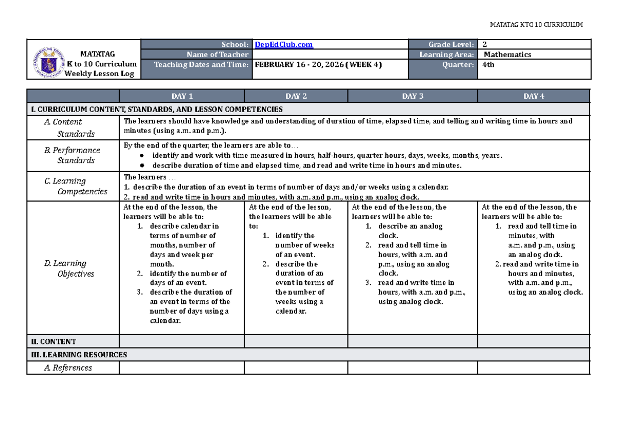 DTC DLL Matatag Mathematics 2 Q4 Week 4 Lesson Plan - Studocu