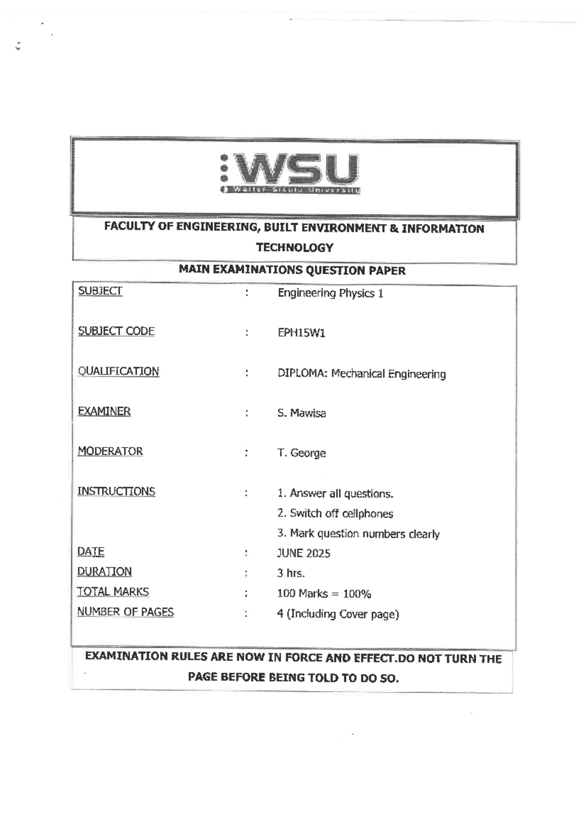 Engineering Physics I EPH15W1 Main Exam June 2025 Question Paper - Studocu