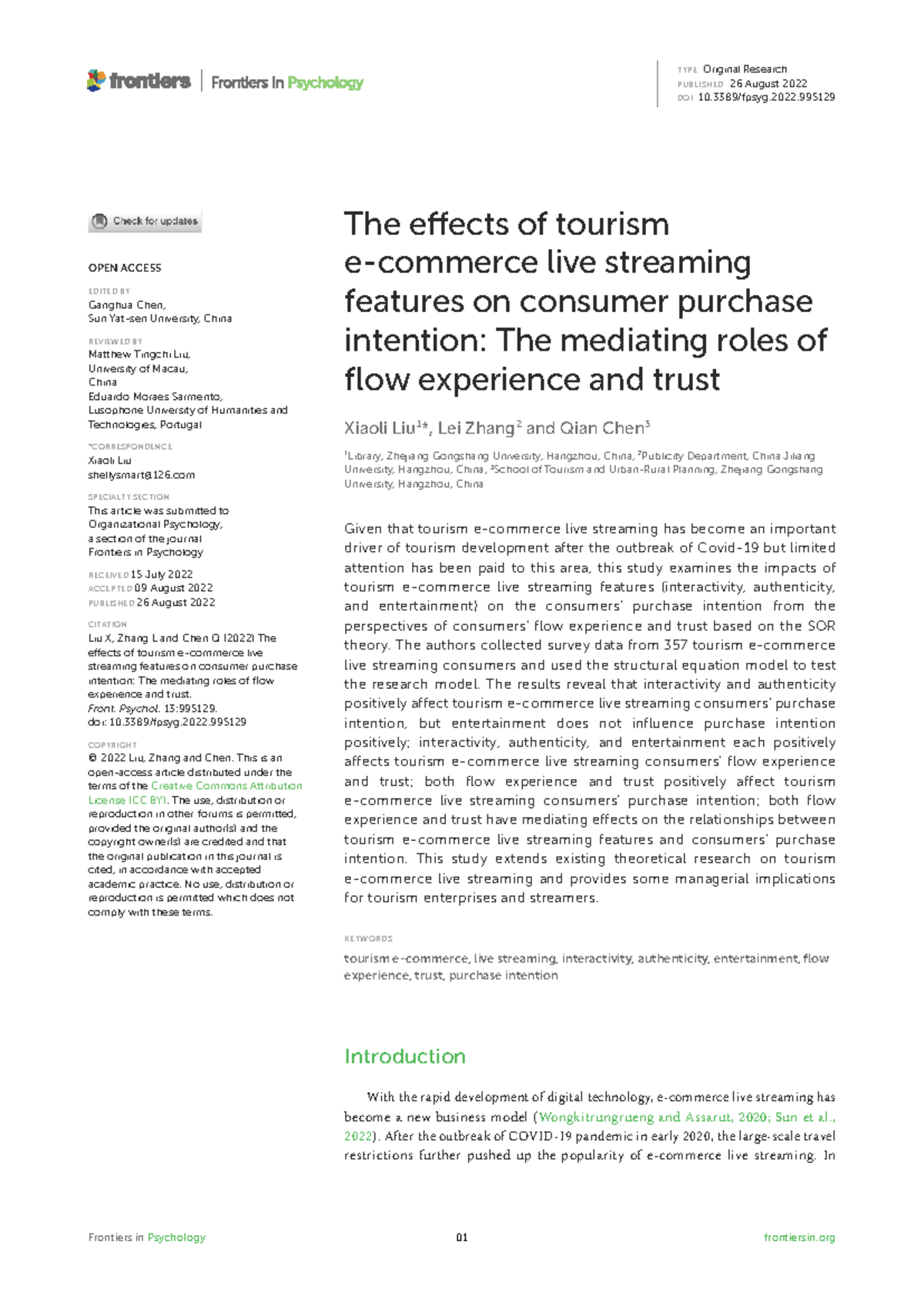 The Effects of Tourism Live Streaming Features on Purchase Intention: A ...