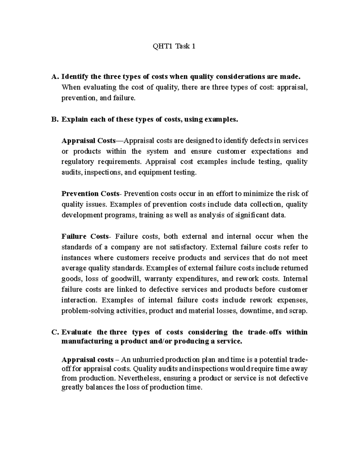 QHT1 Task 1 - Evaluating Costs of Quality in Business Management - Studocu