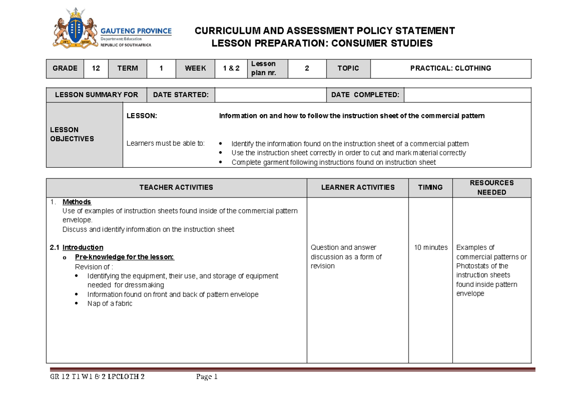 GR12 T1 W1-2 Consumer Studies: Clothing Lesson Plan Notes - Studocu